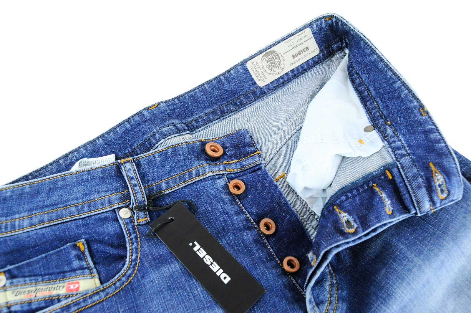 DIESEL Buster R4TW8 vyriški džinsai W31/L32 Slim Taper Fit, plėšyti, mėlyni, tamprūs džinsai 