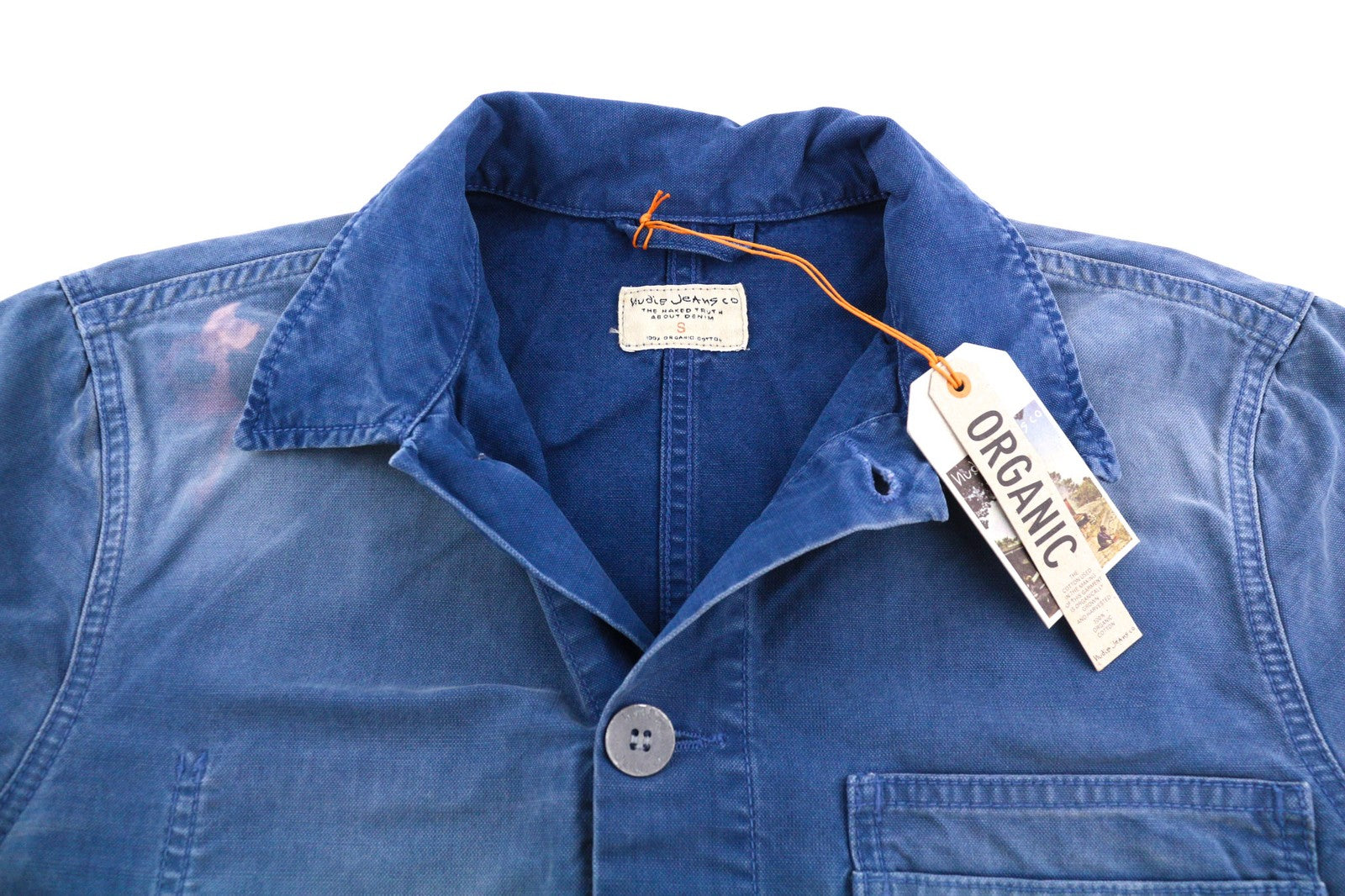 NUDIE Paul Mens Jacket S Worker Oden Blue Washed Buttoned  Neck Pockets