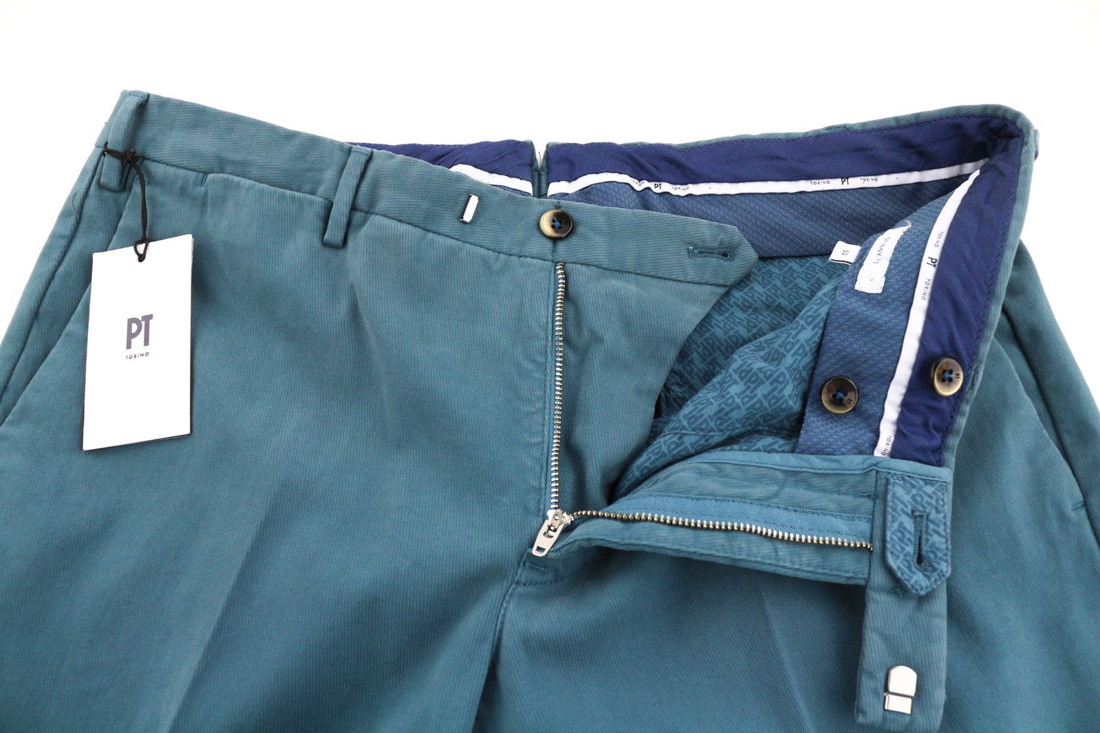 PT TORINO vyriškos kelnės 54 W38 aptemptos medvilninės tamprios mėlynos suknelės su klostuotu priekiu