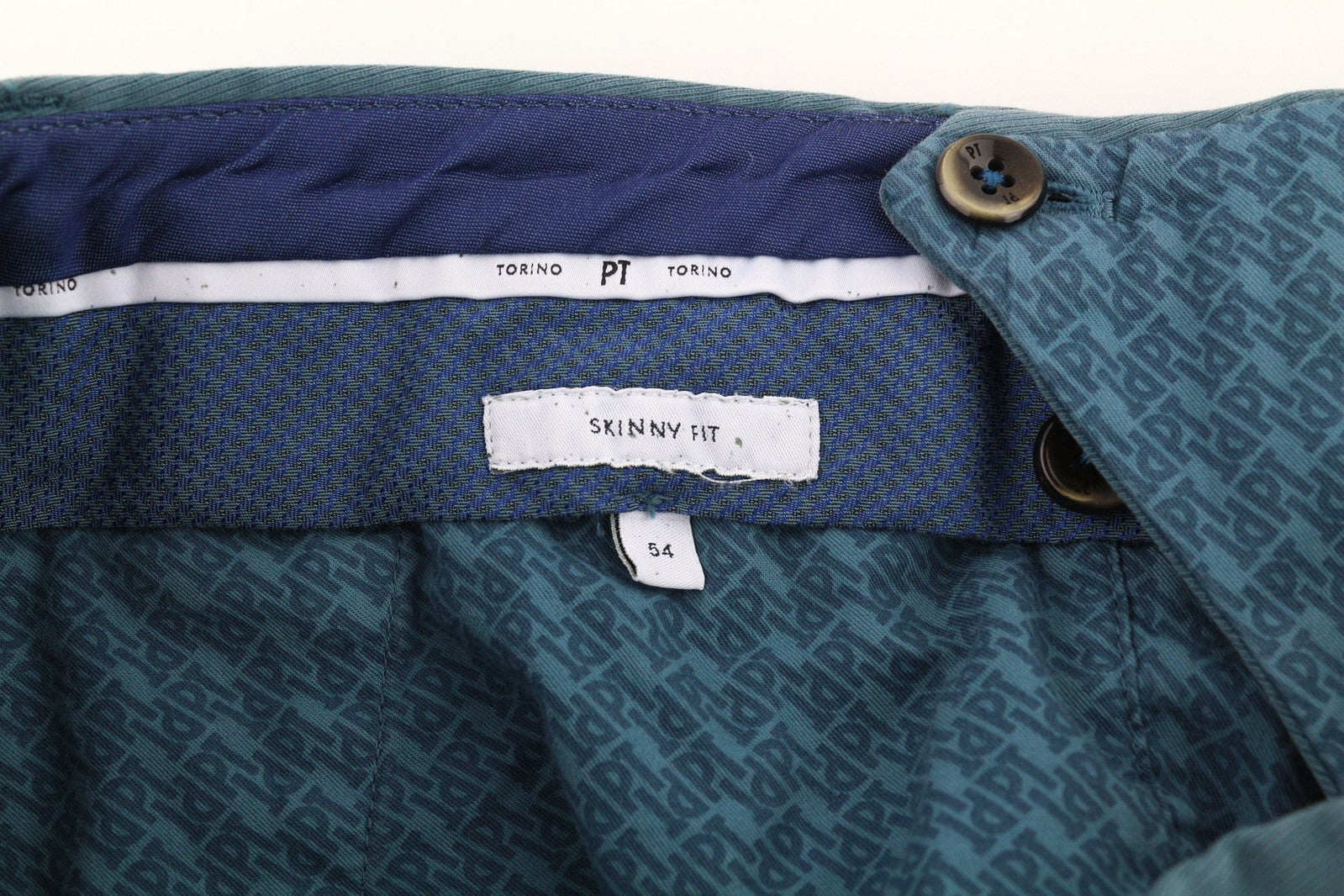 PT TORINO vyriškos kelnės 54 W38 aptemptos medvilninės tamprios mėlynos suknelės su klostuotu priekiu