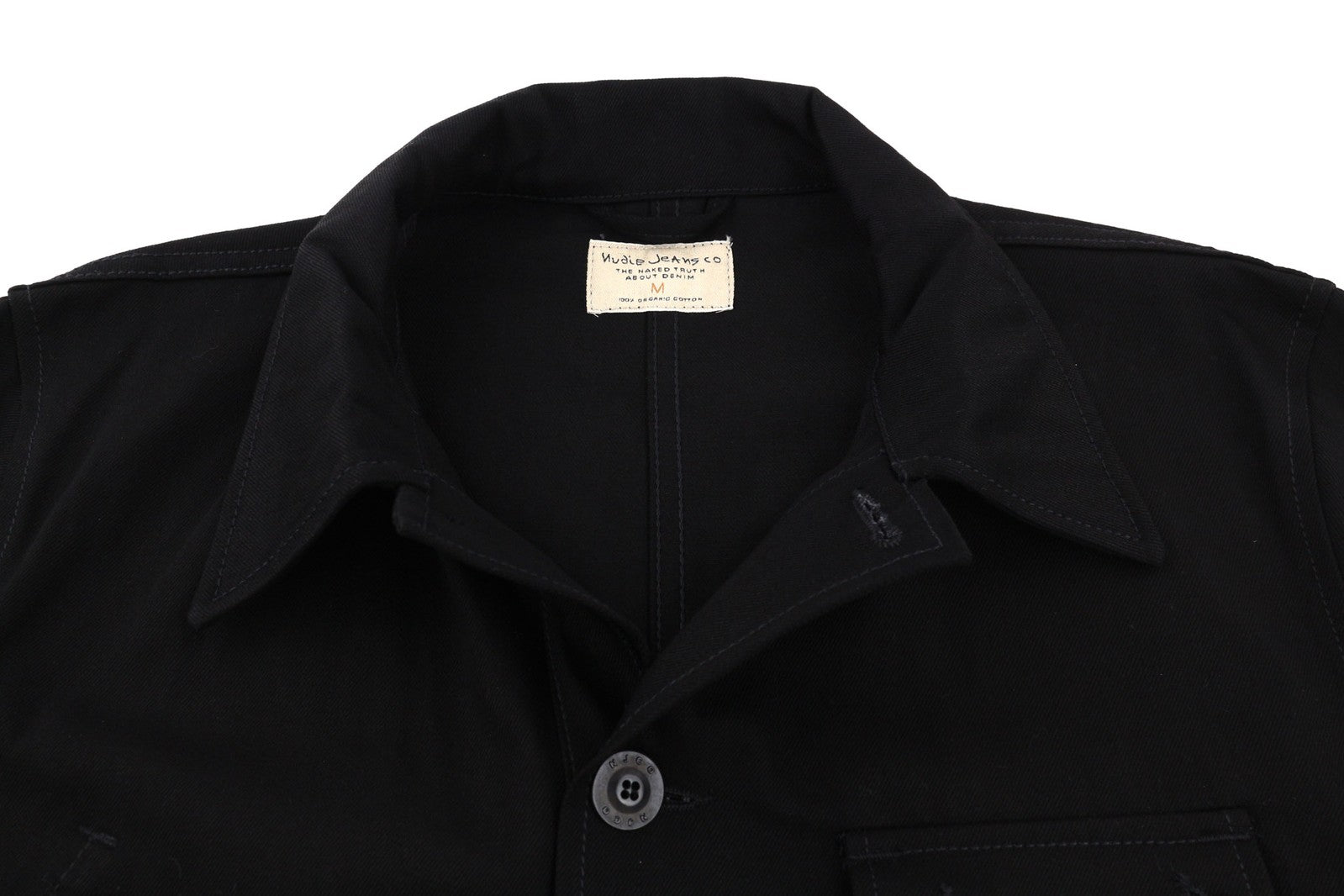 NUDIE Jonathan vyriška striukė M su darbinės kaklo iškirpte, sagomis, užlopytomis kišenėmis, džinsinė, juoda 