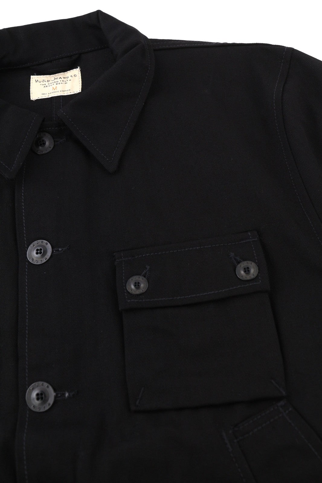 NUDIE Jonathan vyriška striukė M su darbinės kaklo iškirpte, sagomis, užlopytomis kišenėmis, džinsinė, juoda 