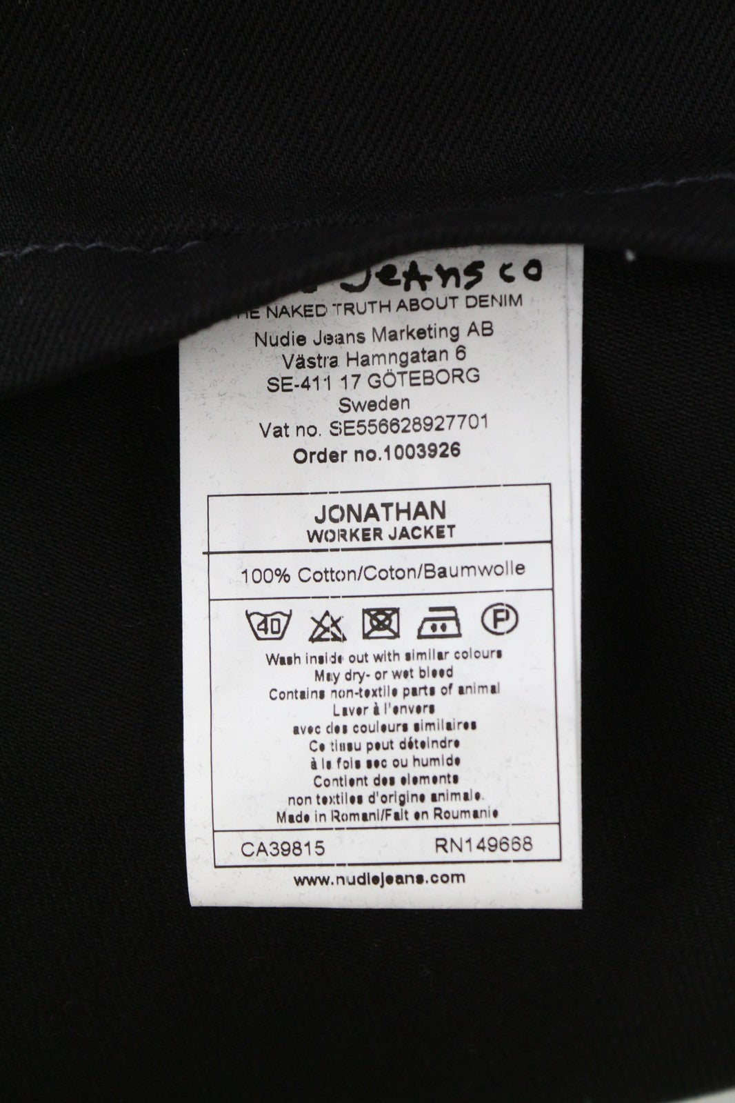 NUDIE Jonathan vyriška striukė M su darbinės kaklo iškirpte, sagomis, užlopytomis kišenėmis, džinsinė, juoda 