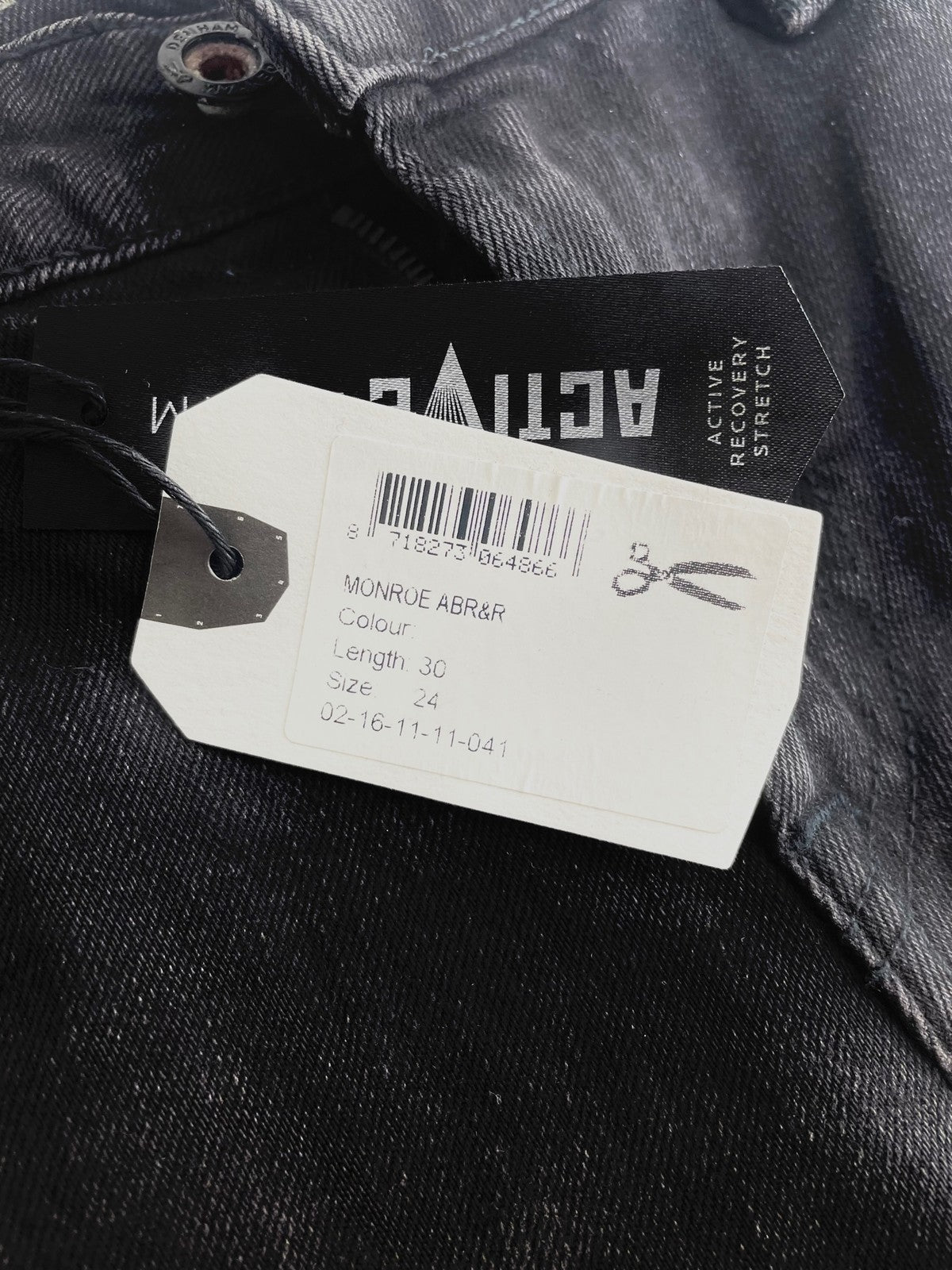 DENHAM Monroe moteriški džinsai W24/L30 siaurėjantys „Girlfriend“ stiliaus, juodi, skalbti 