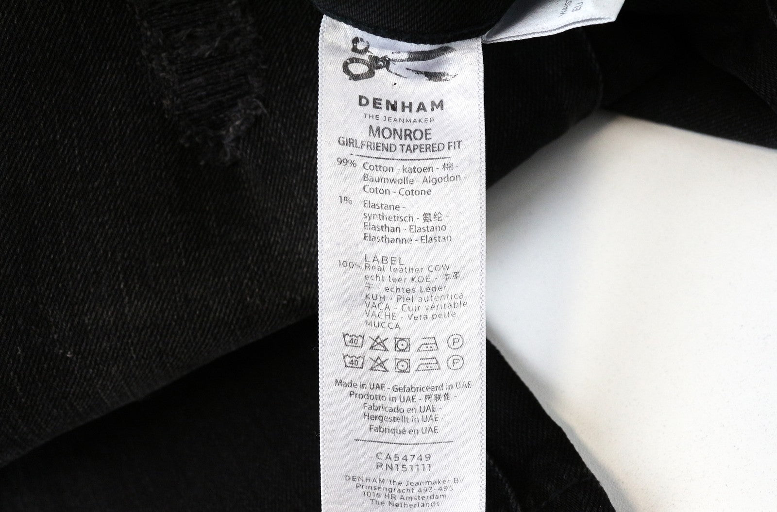 DENHAM Monroe moteriški džinsai W24/L30 siaurėjantys „Girlfriend“ stiliaus, juodi, skalbti 