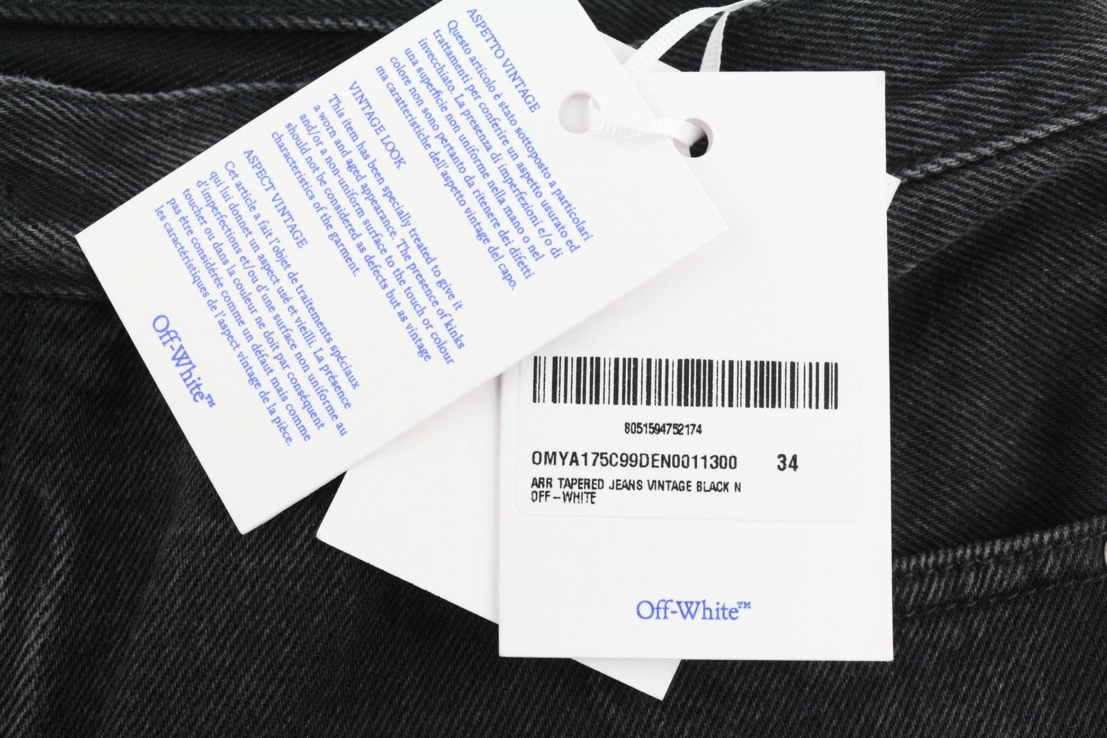 Vyriški džinsai OFF-WHITE, 34 dydžio, siaurėjantys, 100 % medvilnės, juodi, su 5 kišenėmis, rekomenduojama mažmeninė kaina – 475 € 