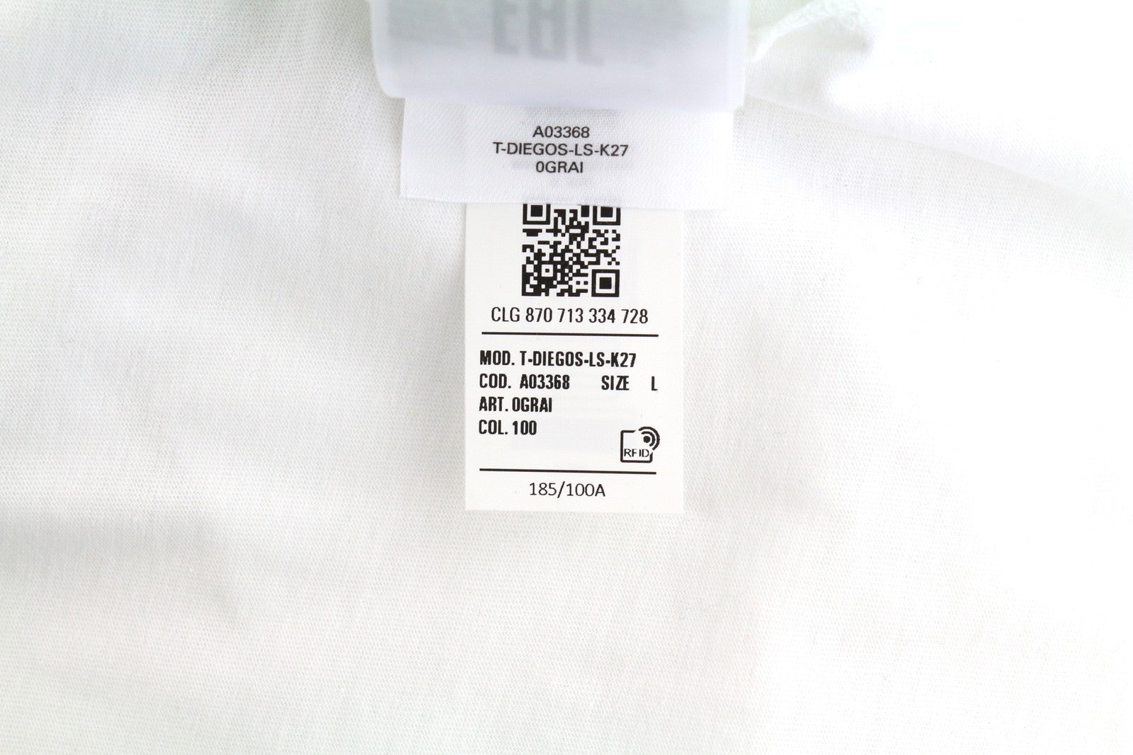 DIESEL T-Diegos-LS-K27 vyriški marškinėliai L dydžio, balti, medvilniniai, ilgomis rankovėmis, apvalios iškirptės trikotažiniai marškinėliai. 