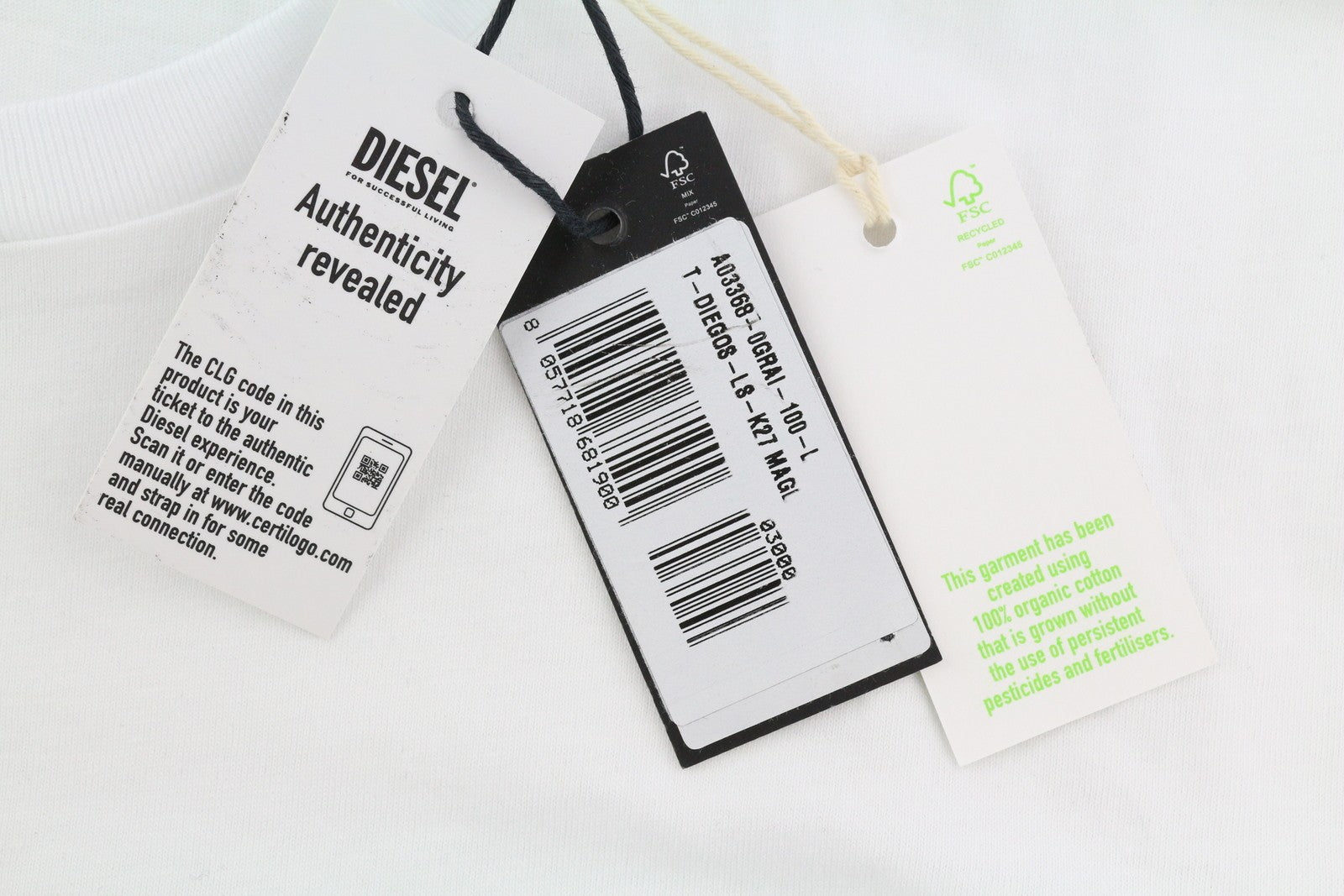 DIESEL T-Diegos-LS-K27 vyriški marškinėliai L dydžio, balti, medvilniniai, ilgomis rankovėmis, apvalios iškirptės trikotažiniai marškinėliai. 