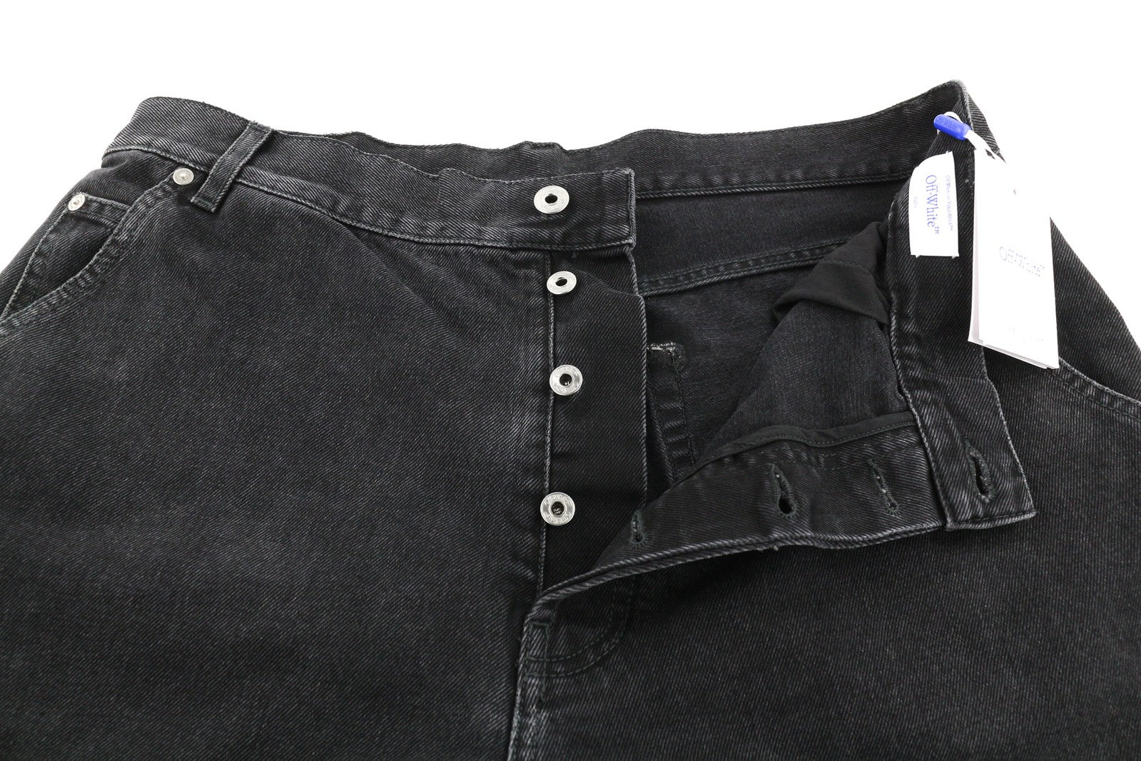 OFF-WHITE vyriški džinsai, 32 cm pločio, vintažiniai, juodi, grynos medvilnės, 5 kišenės, rekomenduojama mažmeninė kaina – 650 € 