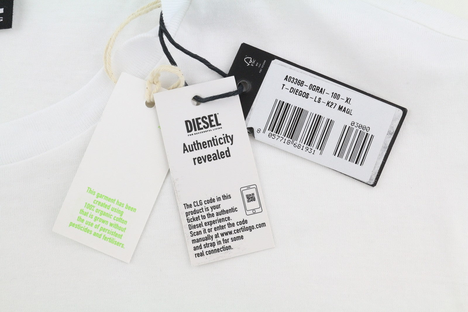 DIESEL T-Diegos-LS-K27 Men T-Shirt XL White Cotton Long Sleeved Crew Collar Logo