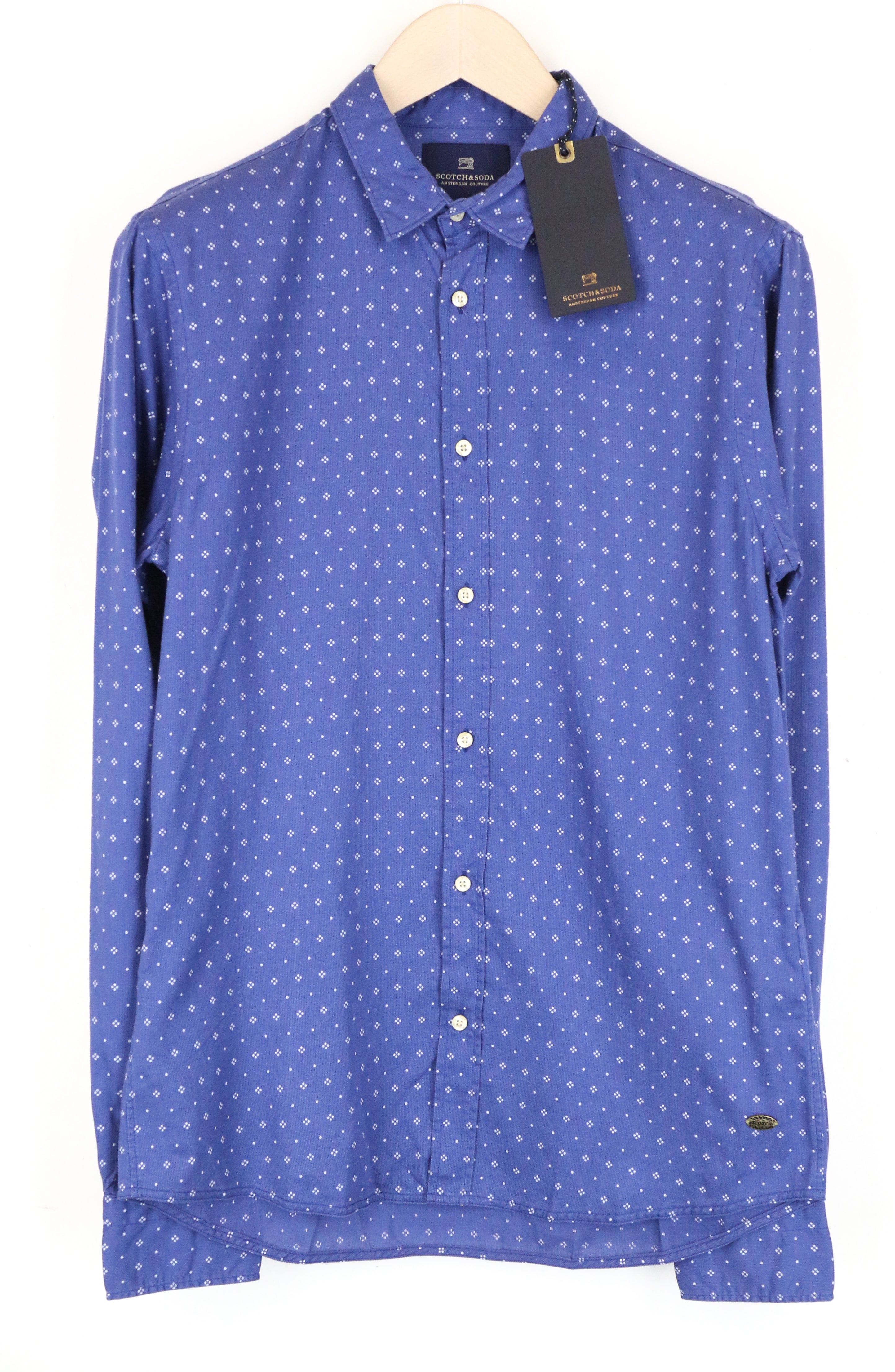 SCOTCH &amp; SODA vyriški marškinėliai M dydžio, mėlyni, raštuoti, sagomis užsegama, platėjančia apykakle, grynos medvilnės