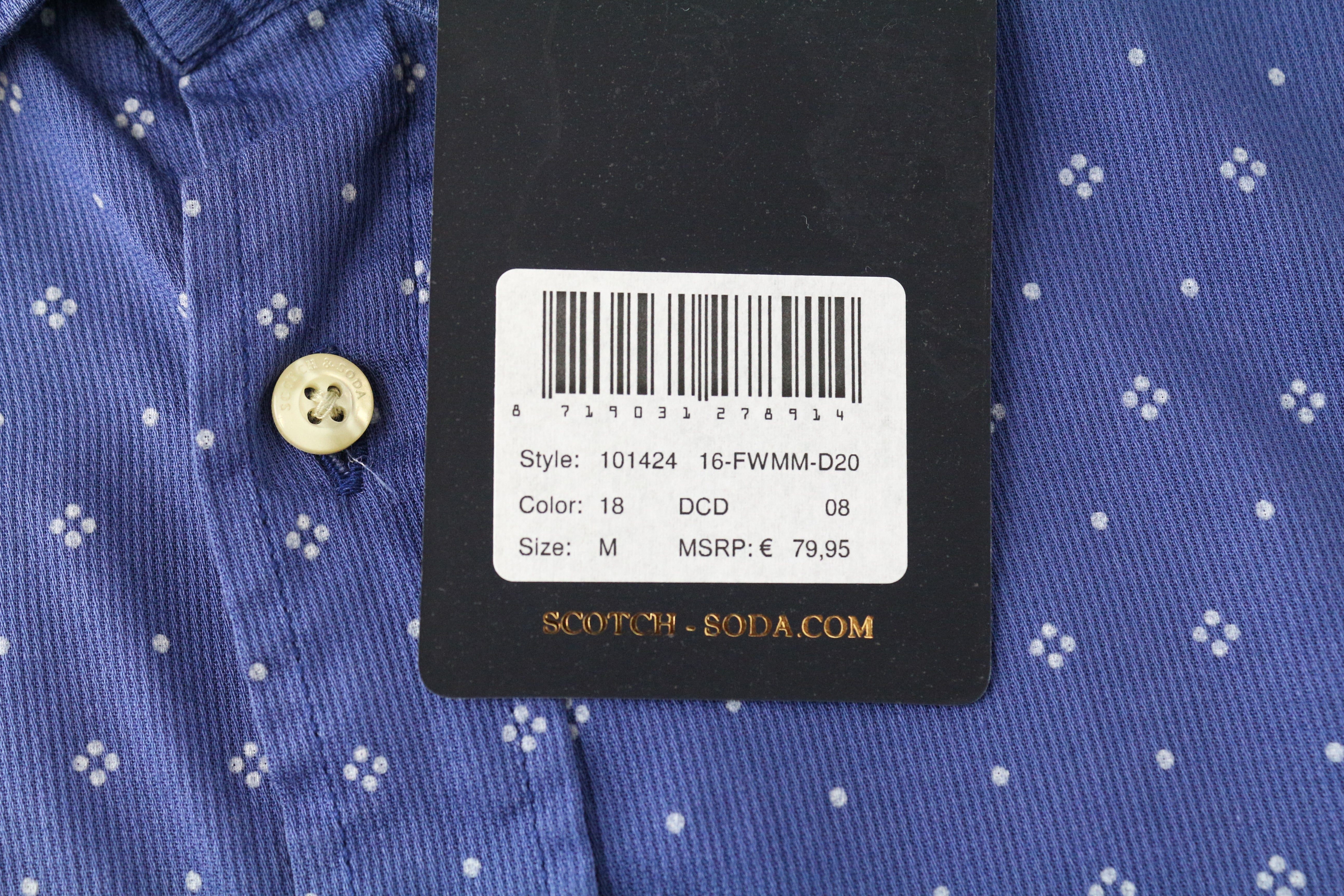 SCOTCH &amp; SODA vyriški marškinėliai M dydžio, mėlyni, raštuoti, sagomis užsegama, platėjančia apykakle, grynos medvilnės