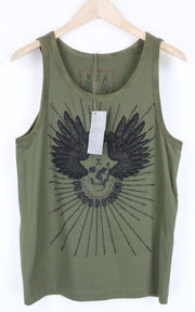 RICHMOND X Men's T-Shirt L Printed Beaded Front Khaki Green Sleeveless