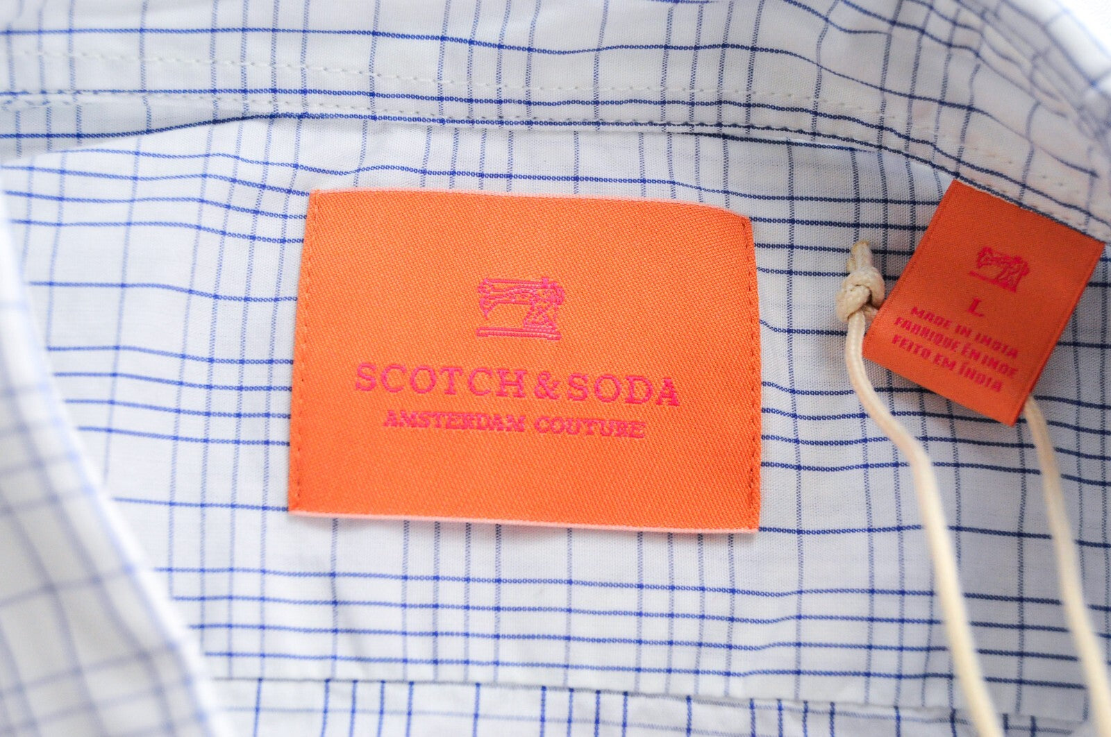 SCOTCH & SODA Ams Couture Men Shirt L Slim Fit Cotton White & Blue Checked