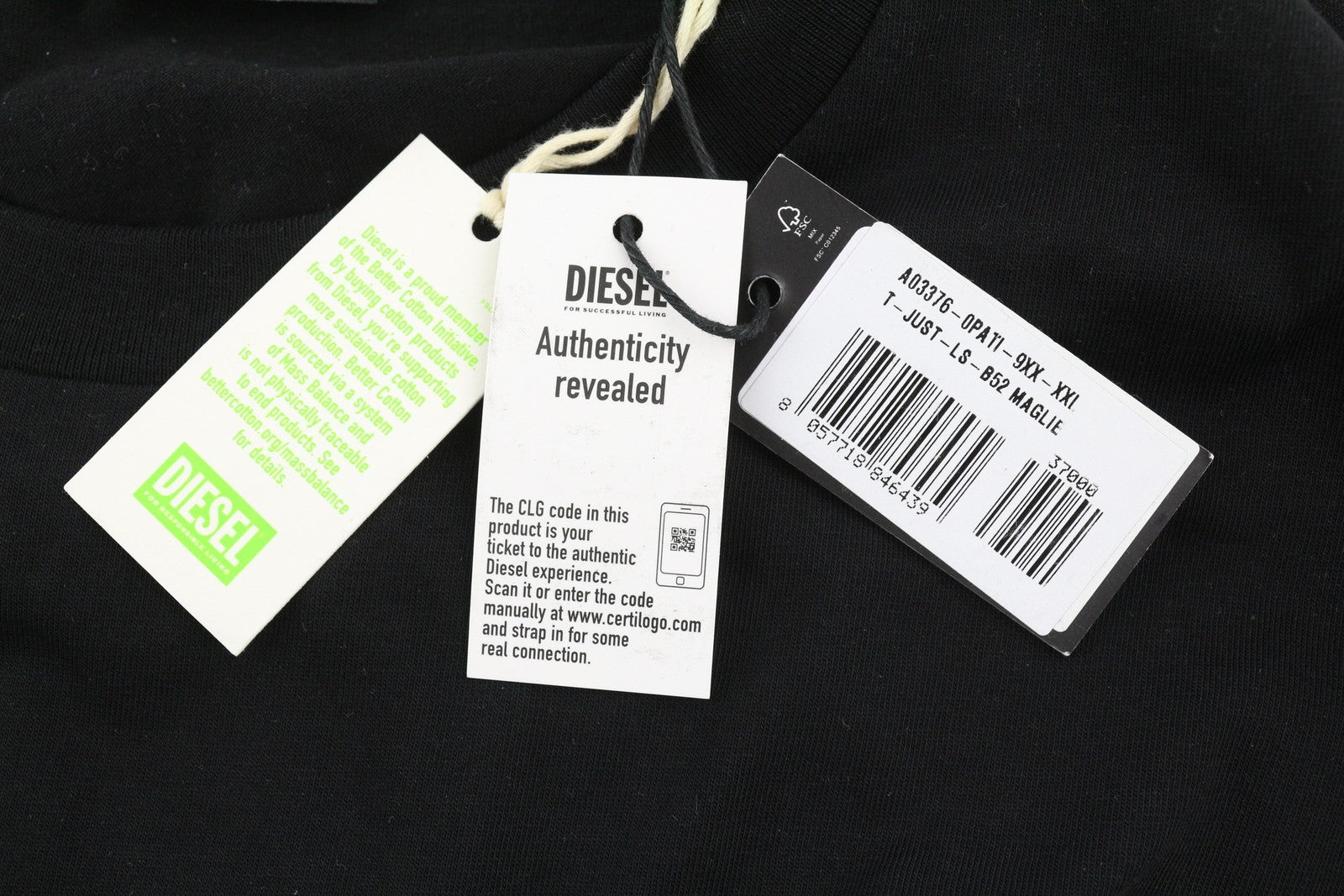 DIESEL T-Just-LS-B52 Men T-Shirt 2XL Black Crew Neck Long Sleeve Tricot RRP€90