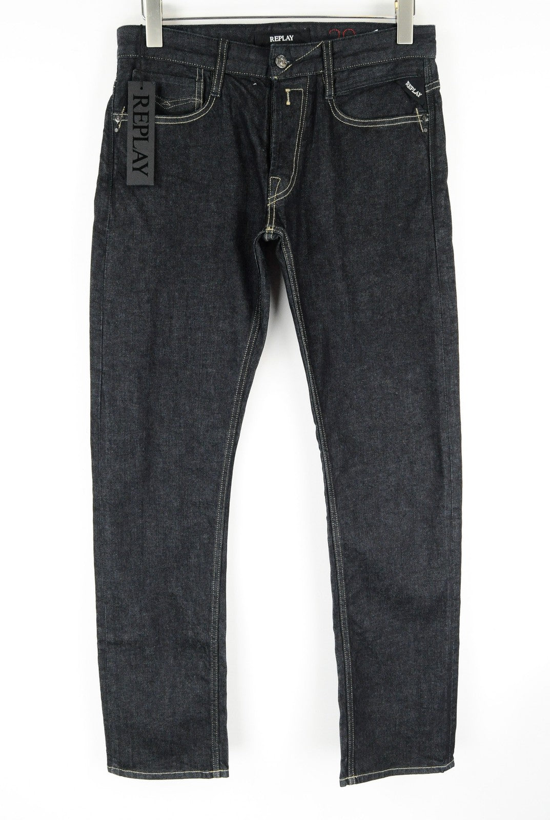 REPLAY Newbill vyriški tamsiai mėlyni džinsai W29/L32 medvilniniai tamprūs, tiesaus kirpimo džinsai 