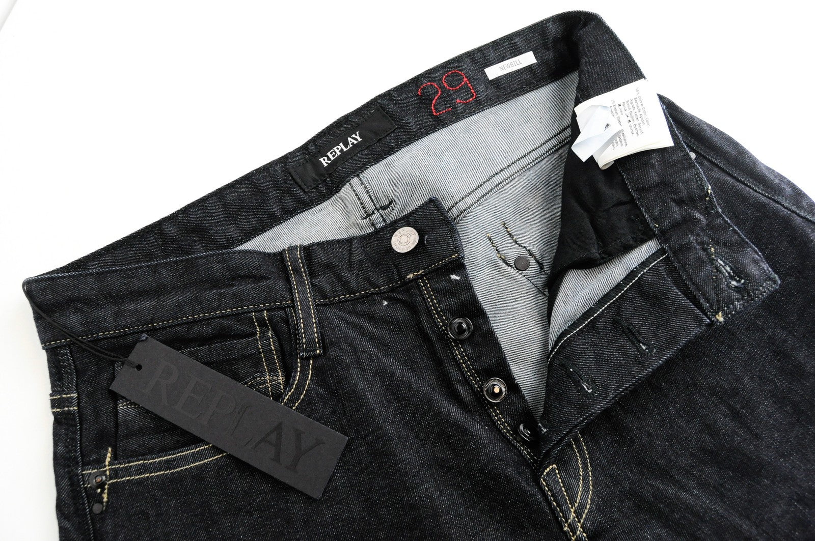 REPLAY Newbill vyriški tamsiai mėlyni džinsai W29/L32 medvilniniai tamprūs, tiesaus kirpimo džinsai 