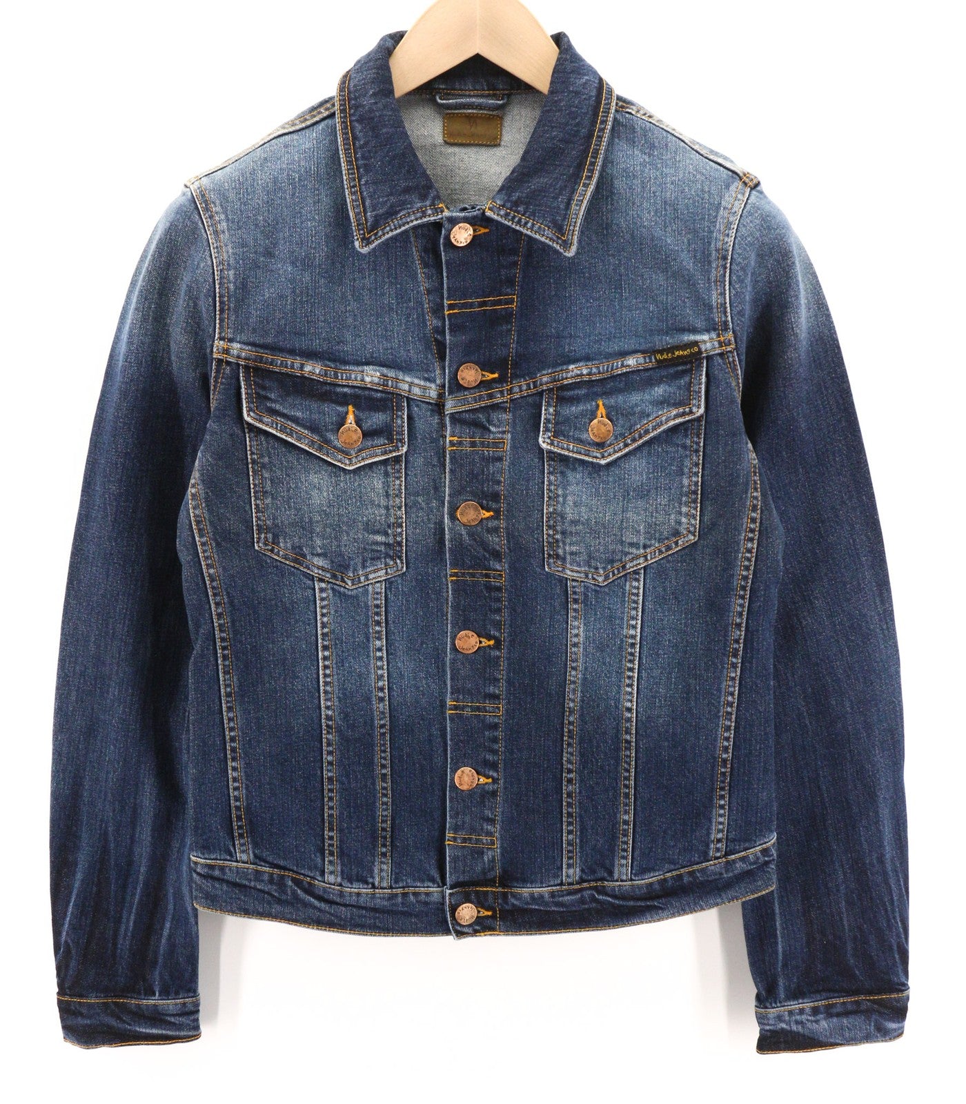 NUDIE JEANS Perry Org. Puikios mėlynos vyriškos striukės S dydis, džinsinis, be pamušalo, tamprios mėlynos spalvos 