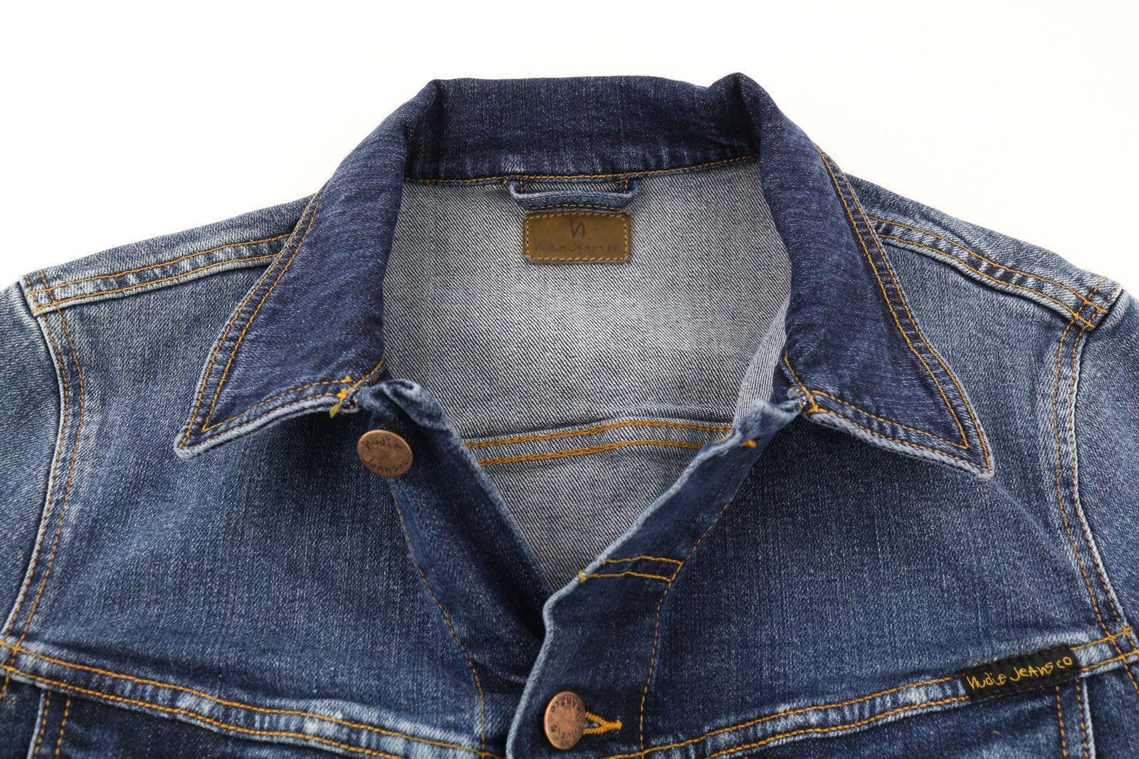 NUDIE JEANS Perry Org. Puikios mėlynos vyriškos striukės S dydis, džinsinis, be pamušalo, tamprios mėlynos spalvos 