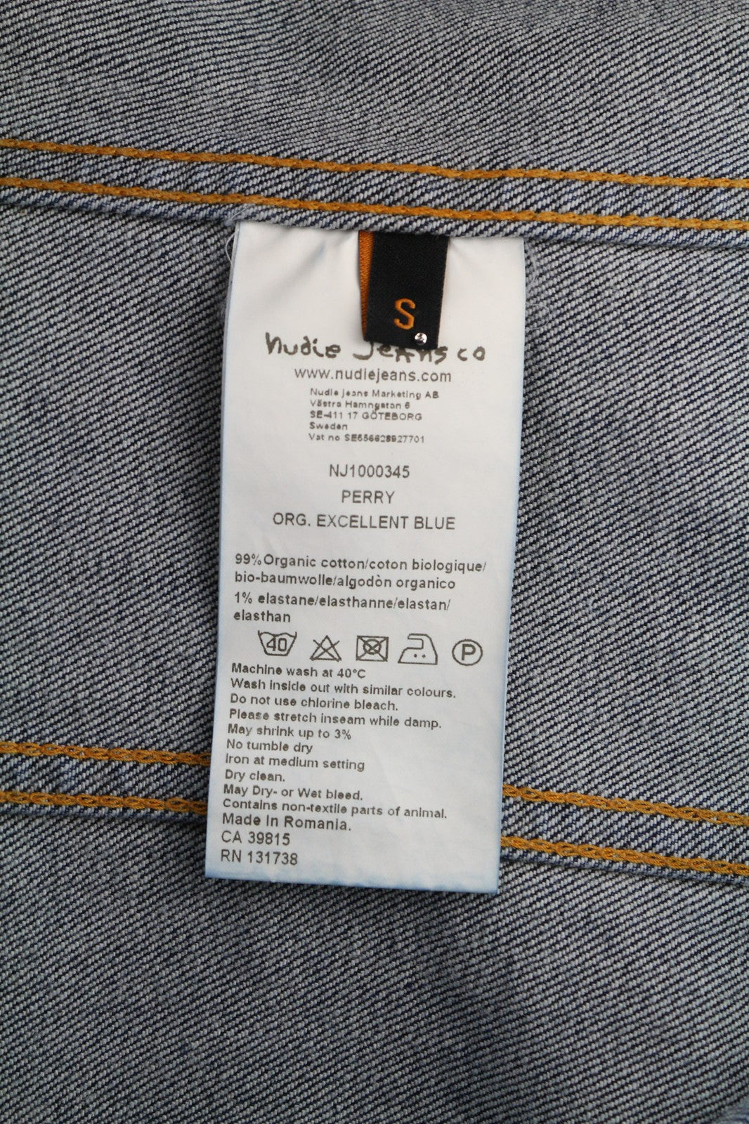 NUDIE JEANS Perry Org. Puikios mėlynos vyriškos striukės S dydis, džinsinis, be pamušalo, tamprios mėlynos spalvos 