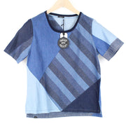 DENHAM Seascape Women's T-Shirt S Blue Patterned Cotton Short Sleeve Denim Look