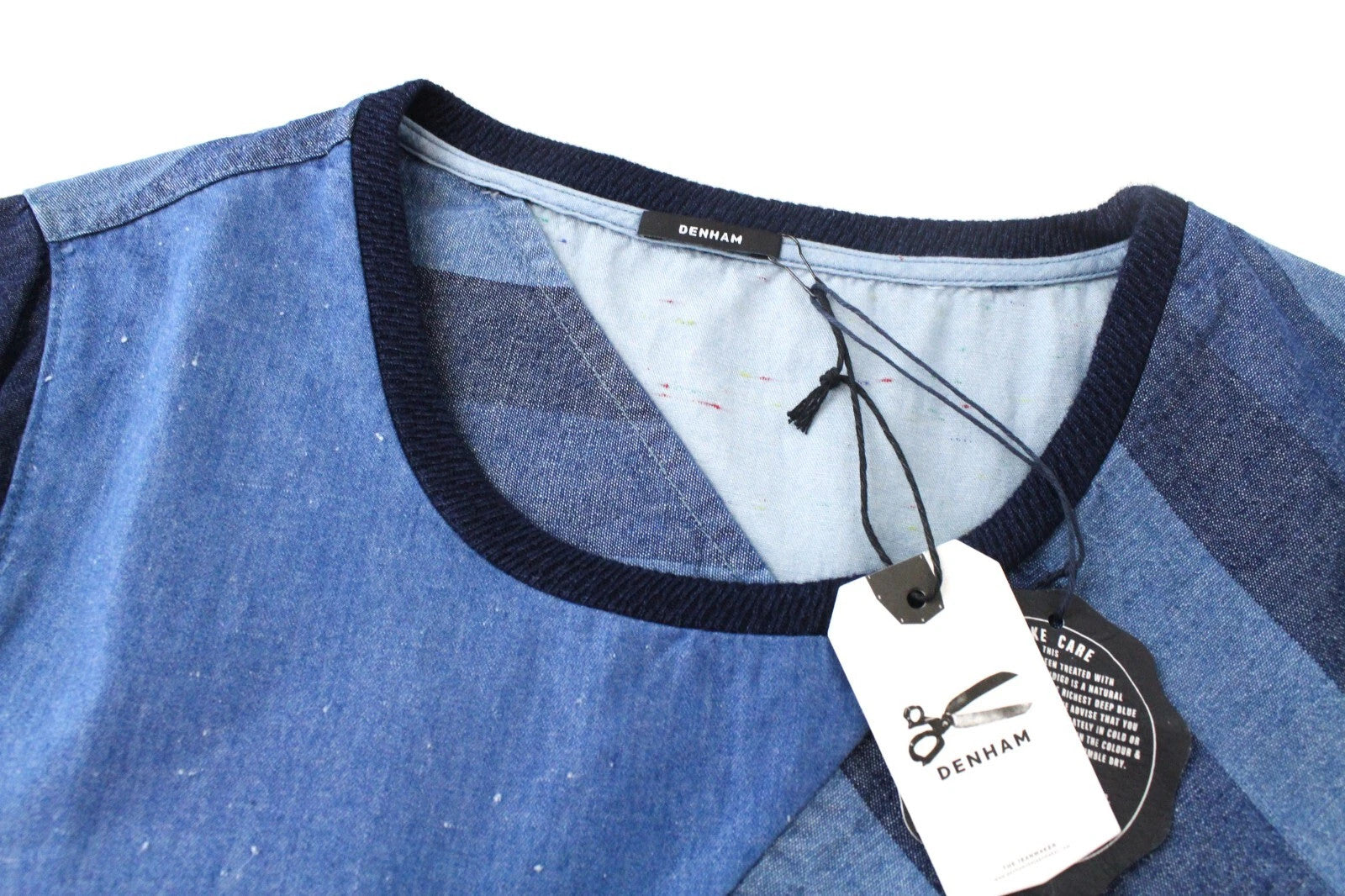 DENHAM Seascape Women's T-Shirt S Blue Patterned Cotton Short Sleeve Denim Look