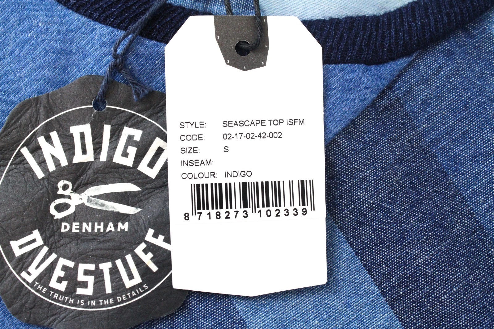 DENHAM Seascape Women's T-Shirt S Blue Patterned Cotton Short Sleeve Denim Look