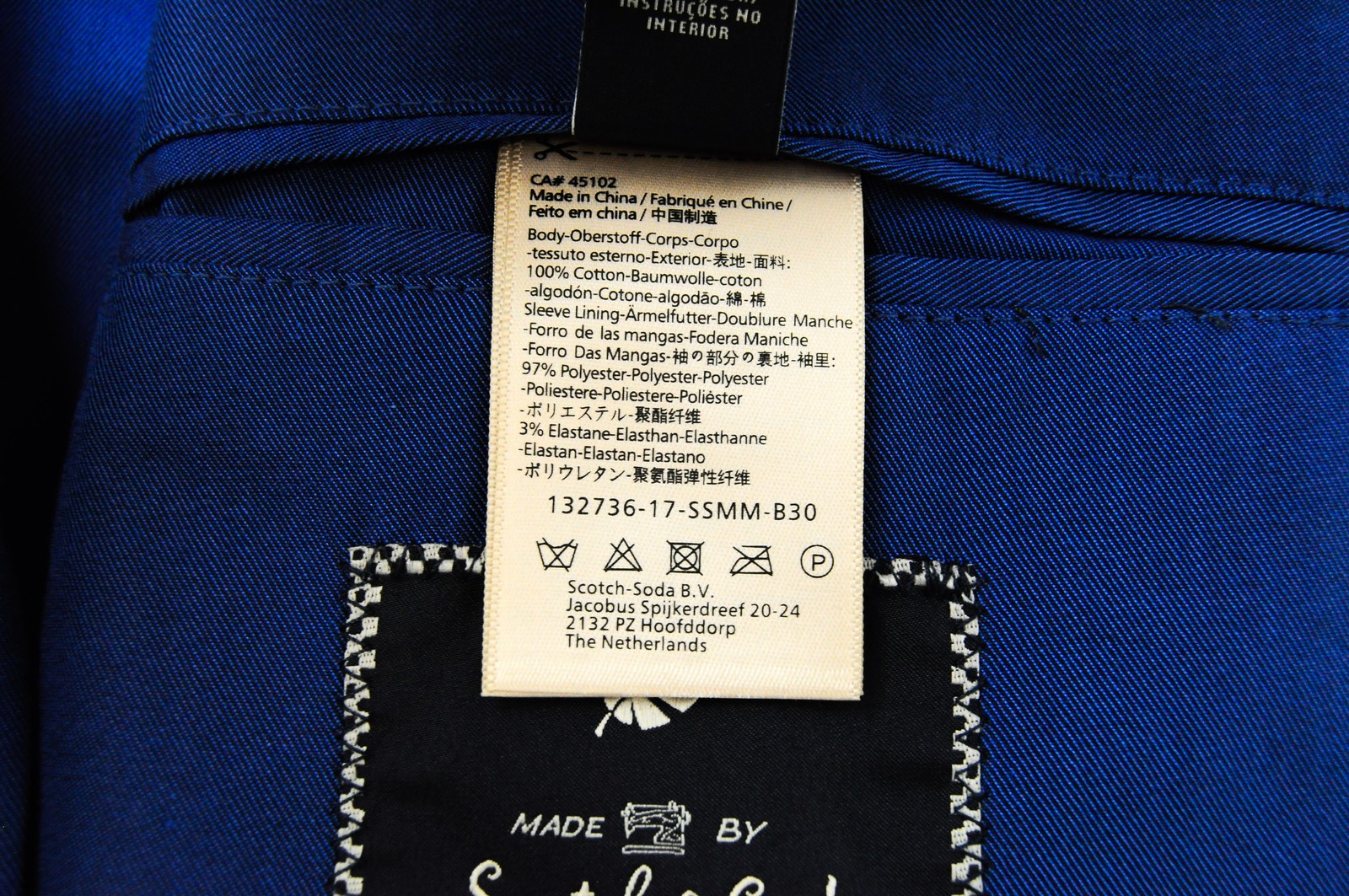 SCOTCH &amp; SODA Ams Couture vyriškas švarkas Mėlynas medvilninis be pamušalo, vienaeilis 