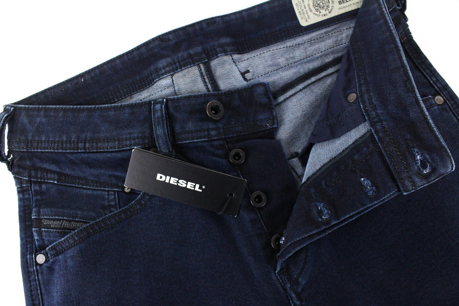 DIESEL Belther-R R8LC4 vyriški mėlyni džinsai W28/L30 Regular Slim siaurėjantys tamprūs džinsai 