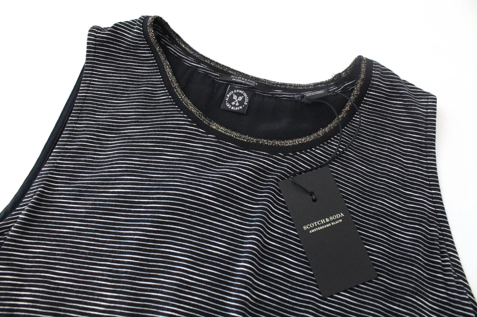 SCOTCH &amp; SODA Ams Blauw moteriški marškinėliai S, juodi, dryžuoti medvilnės mišinio marškinėliai be rankovių 