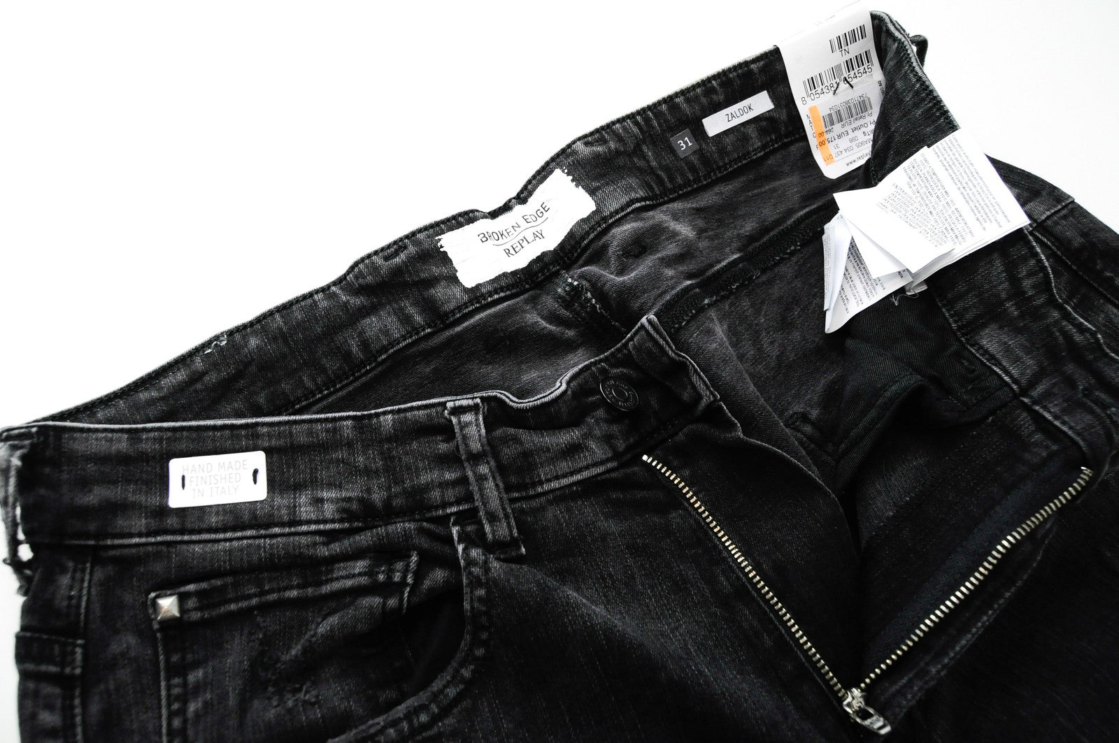 REPLAY Zaldok vyriški džinsai W31/L34 Slim Fit pilki plėšyti skalbtos medvilnės tamprūs audinys 