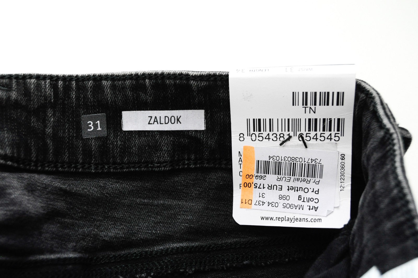 REPLAY Zaldok vyriški džinsai W31/L34 Slim Fit pilki plėšyti skalbtos medvilnės tamprūs audinys 