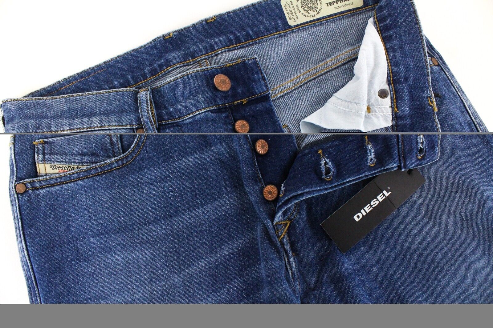 DIESEL Tepphar-X R8XA3 vyriški mėlyni ploni morkų spalvos džinsai W30/L34 tamprūs skalbinių spalvos džinsai 