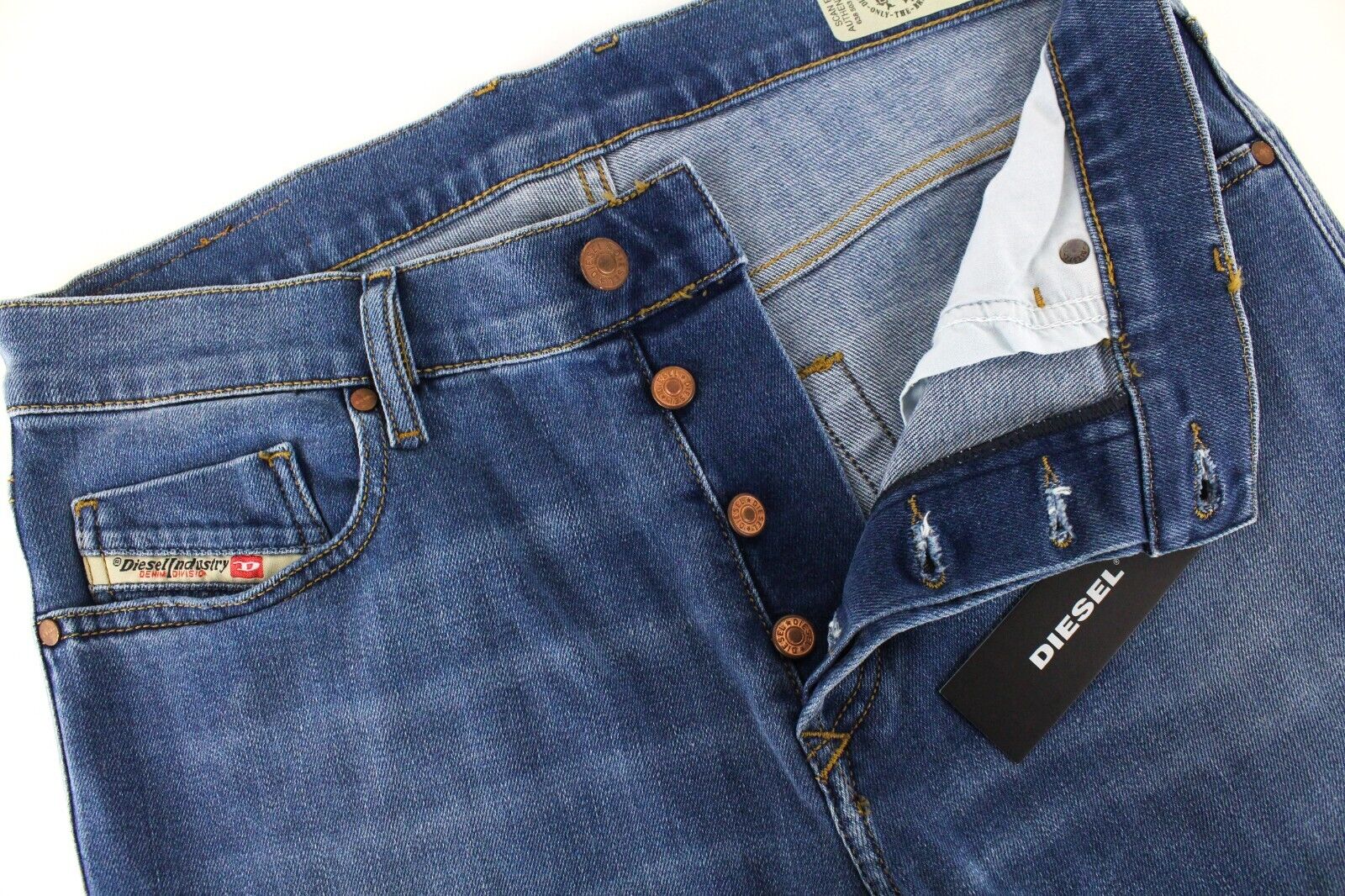 DIESEL Tepphar-X R8XA3 vyriški mėlyni ploni morkų kirpimo džinsai W31/L34 skalbto džinso spalvos 