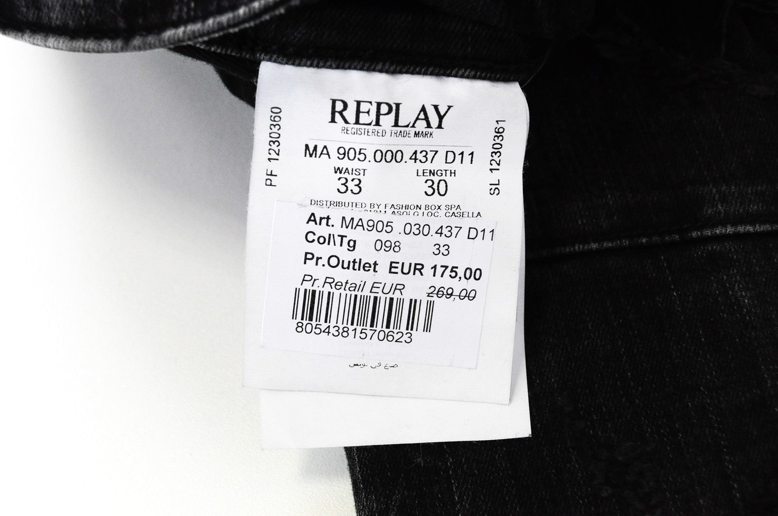 REPLAY Zaldok vyriški džinsai W33/L30 pilki, dirbtinai sendinti, prigludę, tamprūs medvilniniai džinsai 