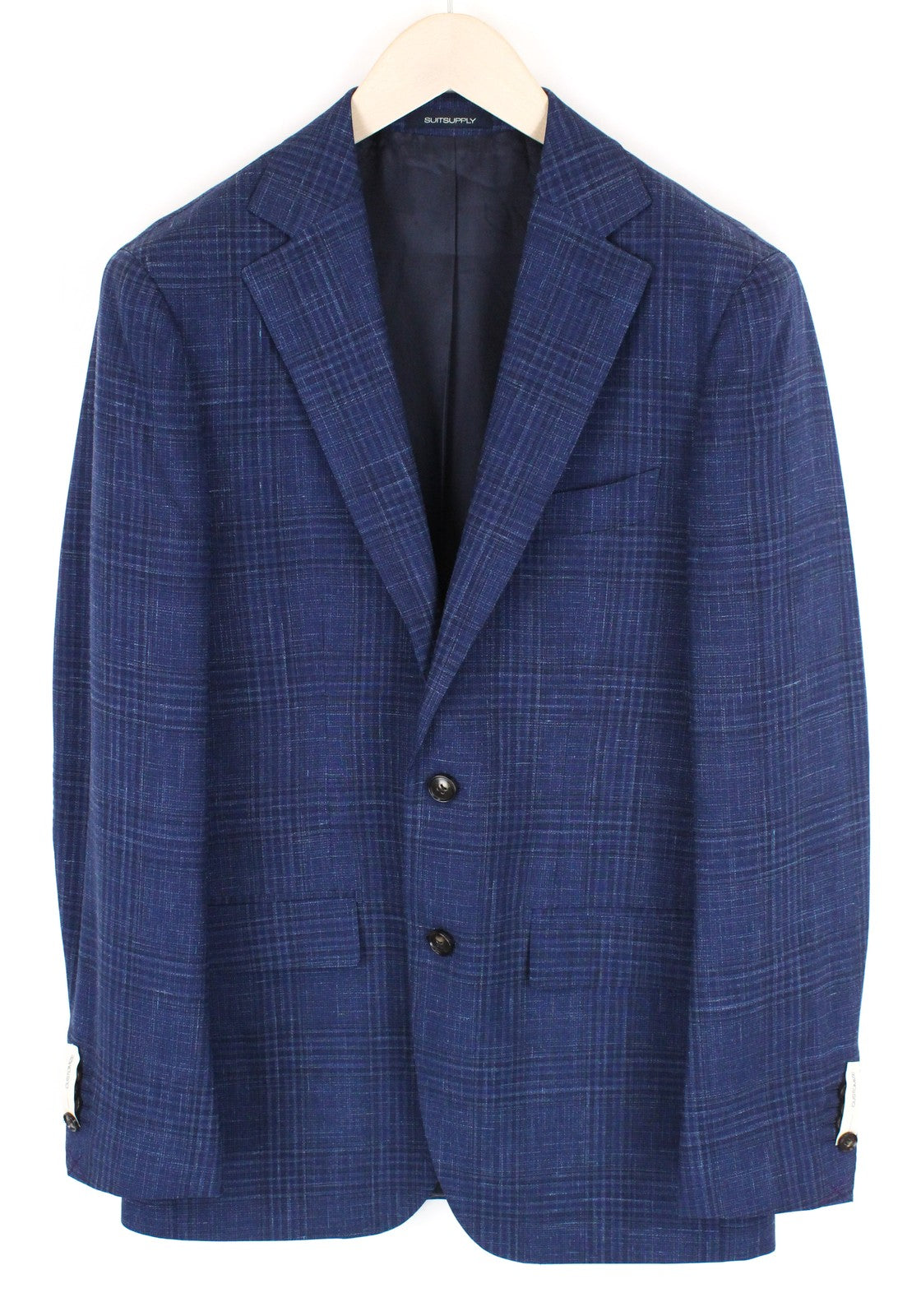 SUITSUPPLY vyriškas kostiumas „Havana“, UK36R, mėlynas languotas, dviejų dalių, vilnonis, šilkinis, lininis, plonas 