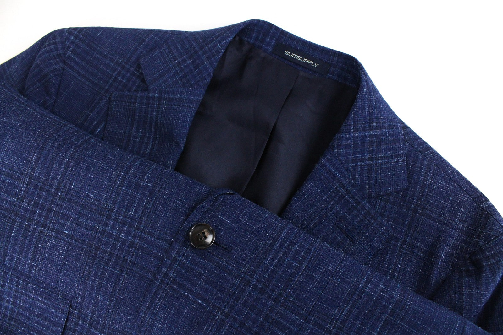 SUITSUPPLY vyriškas kostiumas „Havana“, UK36R, mėlynas languotas, dviejų dalių, vilnonis, šilkinis, lininis, plonas 