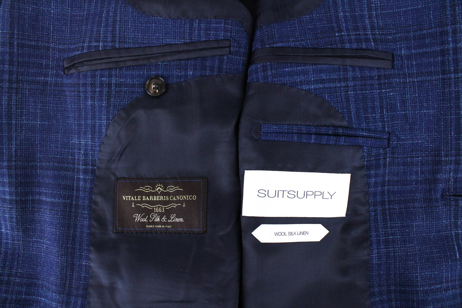 SUITSUPPLY vyriškas kostiumas „Havana“, UK36R, mėlynas languotas, dviejų dalių, vilnonis, šilkinis, lininis, plonas 
