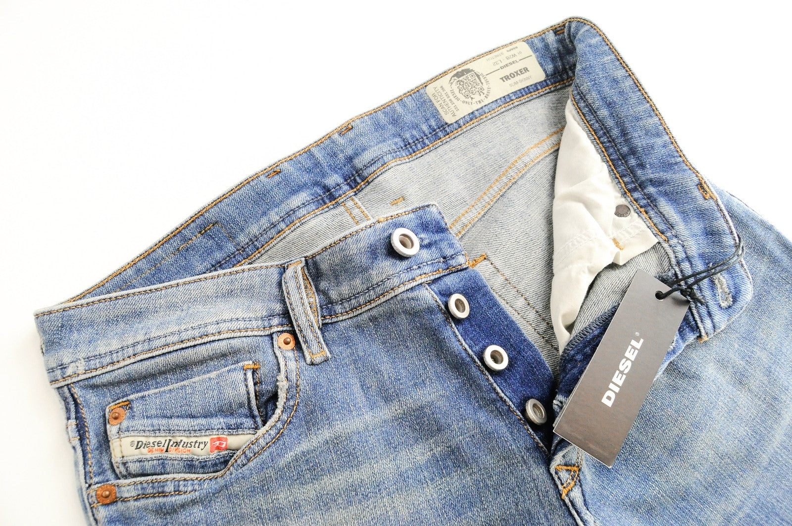 DIESEL Troxer R6AP8 vyriški mėlyni džinsai W28/L32 Slim Skinny sendinto dėmėto džinso rašto 