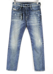 DIESEL Buster R9K03 vyriški mėlyni džinsai W28/L32 Slim Tapered Stained Distressed 