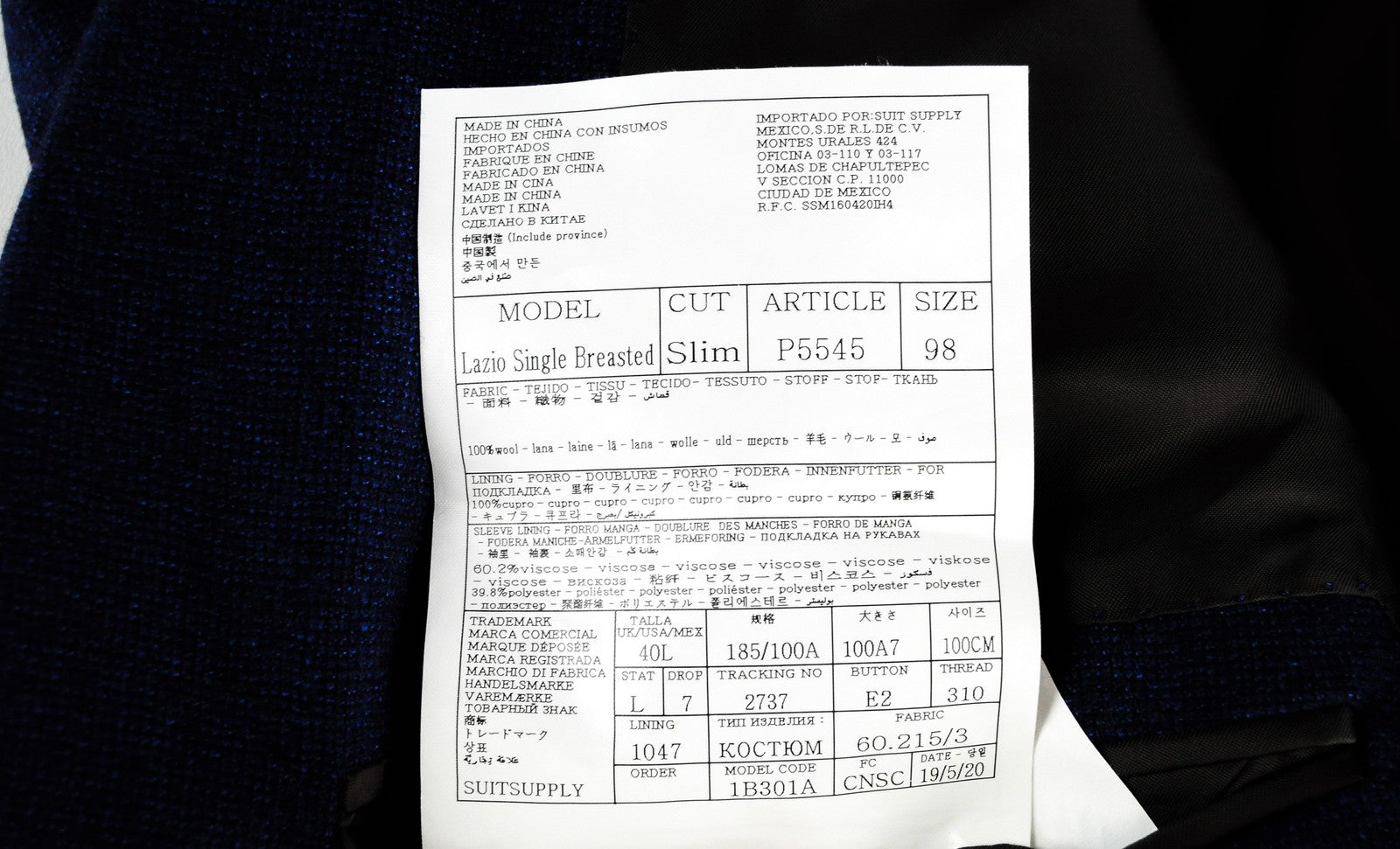 SUITSUPPLY Lazio Men's Suit UK40L Woolen Slim Cut Woven Melange 2-Piece Classic