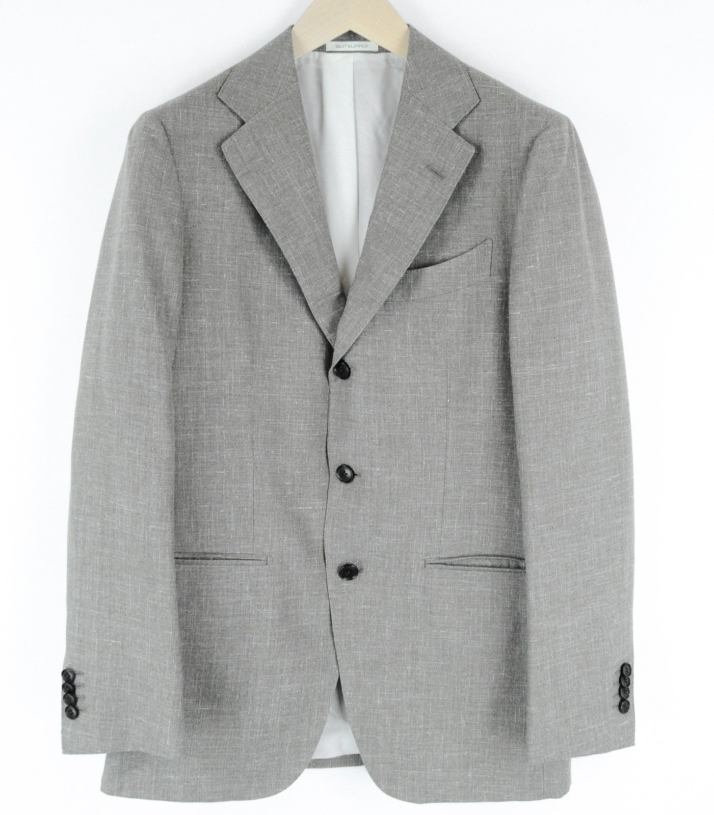 SUITSUPPLY vyriškas pilkas švarkas „Havana Jetted FL“ su vilna, šilku, linu, plonas kirpimas 