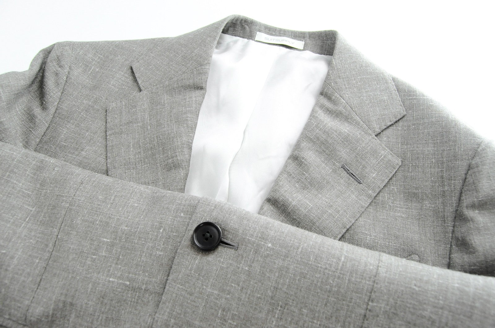 SUITSUPPLY vyriškas pilkas švarkas „Havana Jetted FL“ su vilna, šilku, linu, plonas kirpimas 
