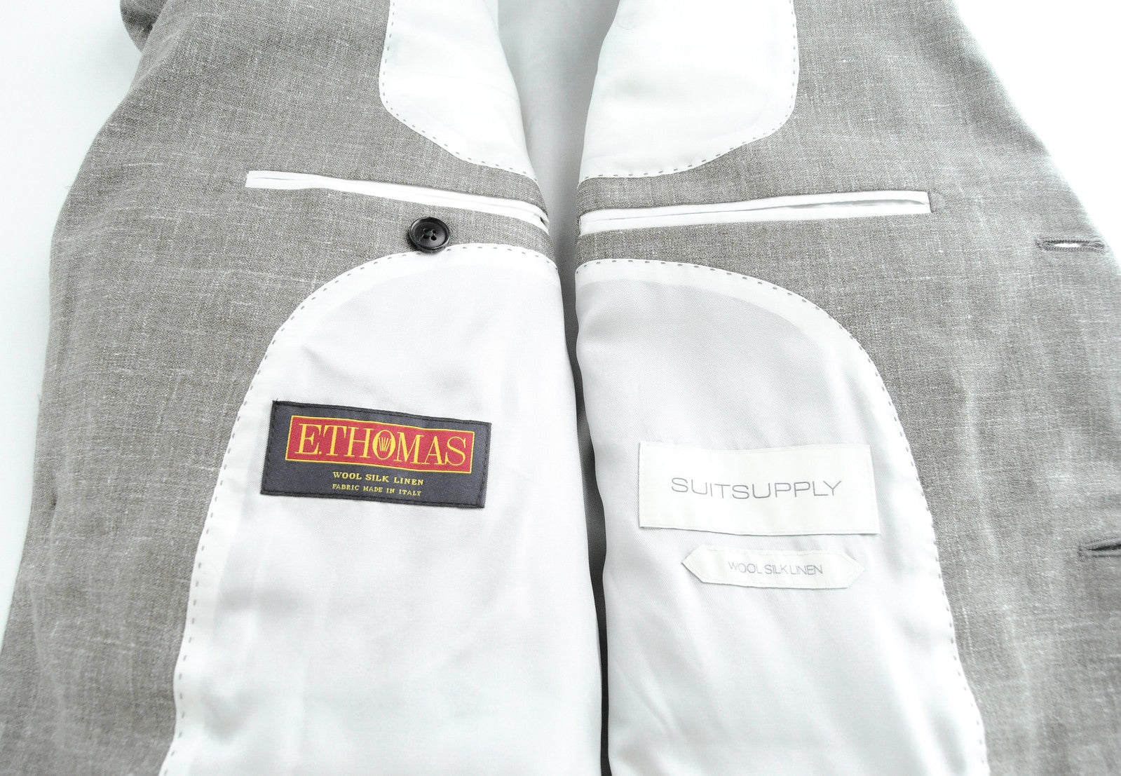 SUITSUPPLY vyriškas pilkas švarkas „Havana Jetted FL“ su vilna, šilku, linu, plonas kirpimas 