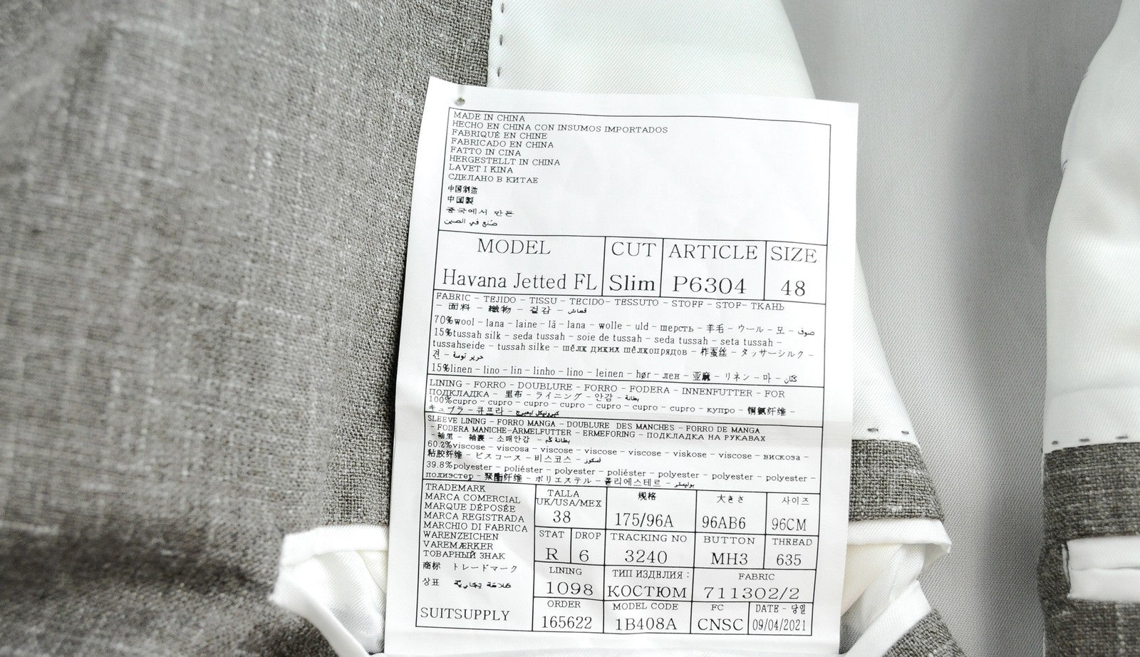 SUITSUPPLY vyriškas pilkas švarkas „Havana Jetted FL“ su vilna, šilku, linu, plonas kirpimas 