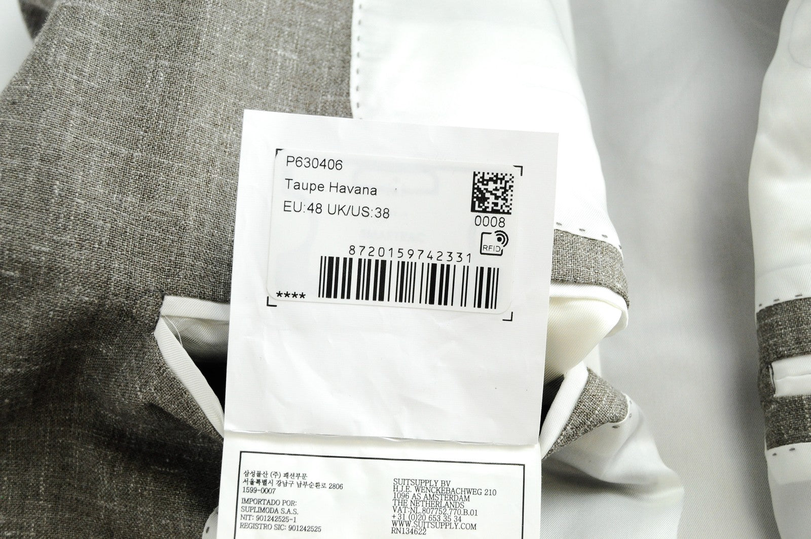 SUITSUPPLY vyriškas pilkas švarkas „Havana Jetted FL“ su vilna, šilku, linu, plonas kirpimas 