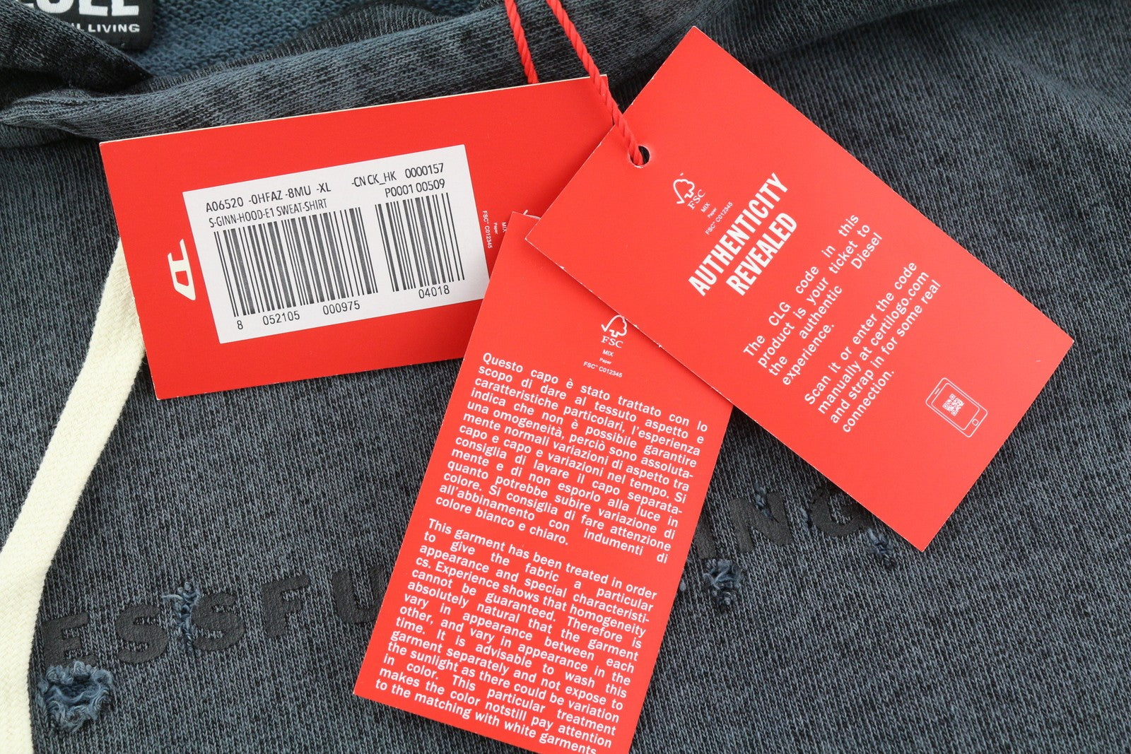 DIESEL S-Ginn-Hood-E1 vyriškas džemperis su gobtuvu XL dydžio, pilkas, su gobtuvu ir kengūra, rekomenduojama kaina – 195 € 