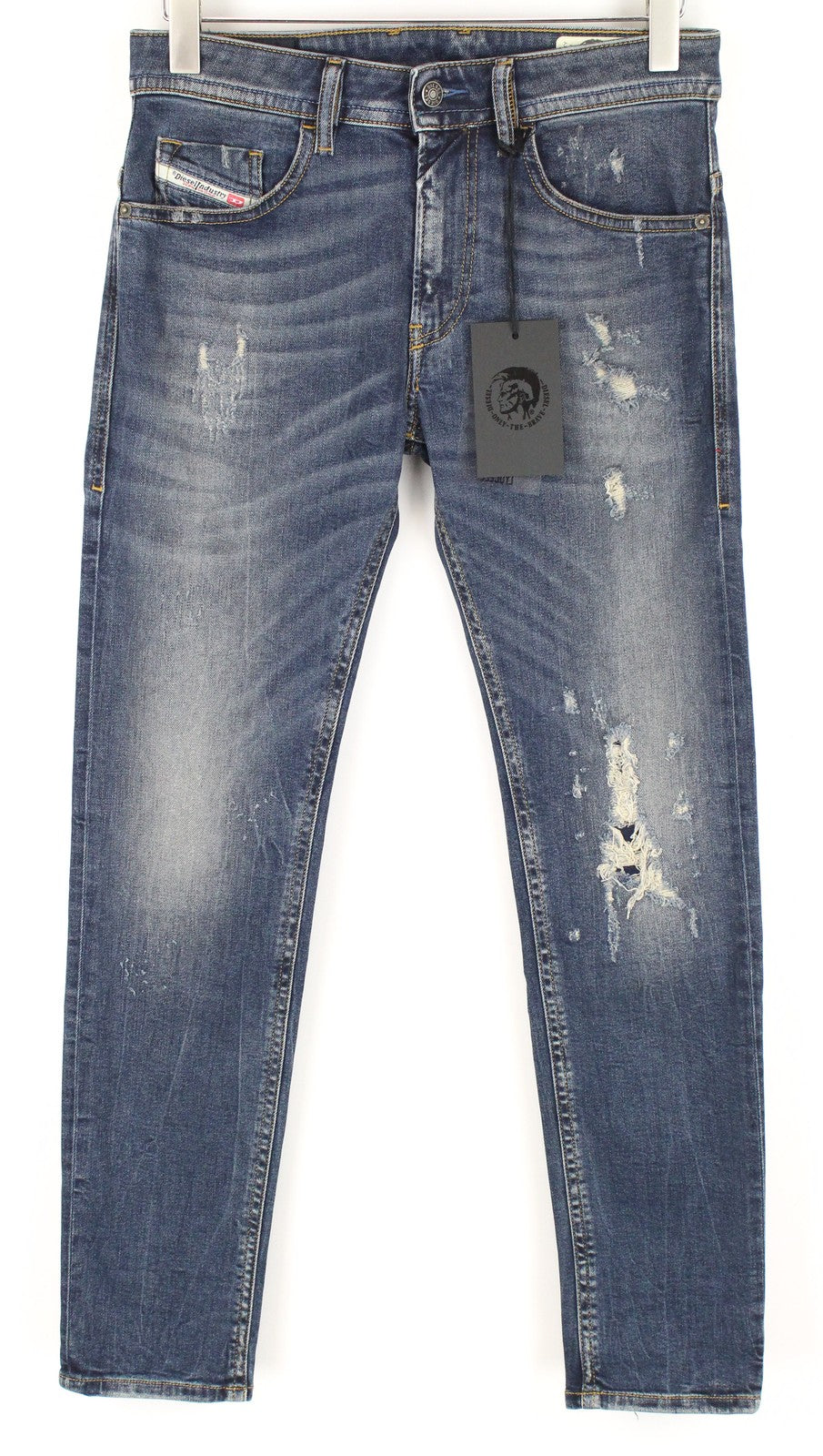 DIESEL Thommer 083AC vyriški džinsai W28/L30 Slim Fit Skinny mėlyni su plėšytomis medvilnės juostelėmis 