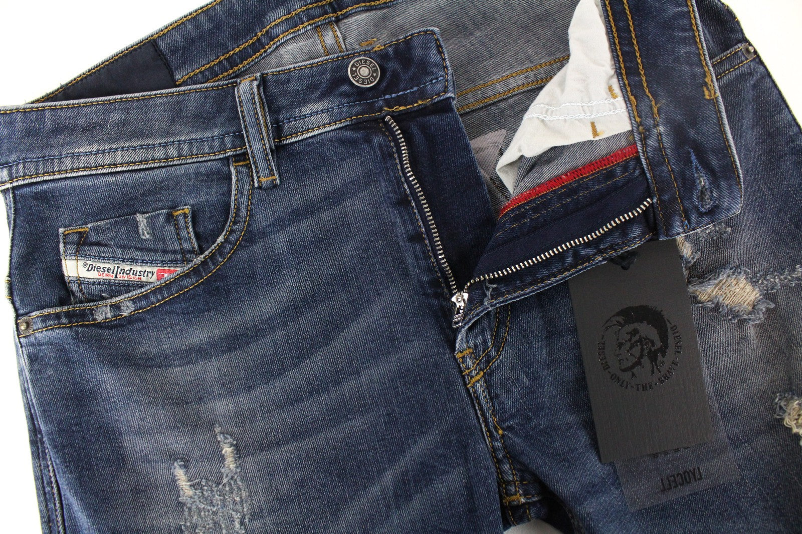 DIESEL Thommer 083AC vyriški džinsai W28/L30 Slim Fit Skinny mėlyni su plėšytomis medvilnės juostelėmis 