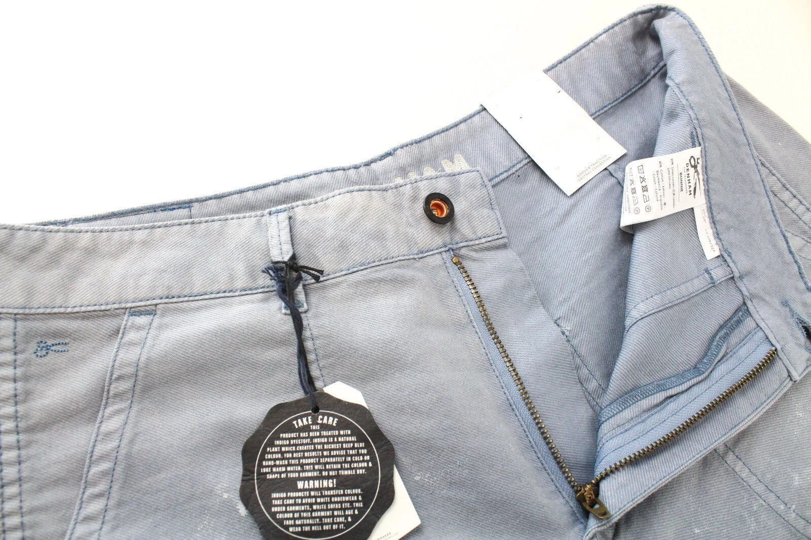 DENHAM Bonnie Women's Wide Leg Pants W28/L28 Blue Cotton Linen Paint Stained